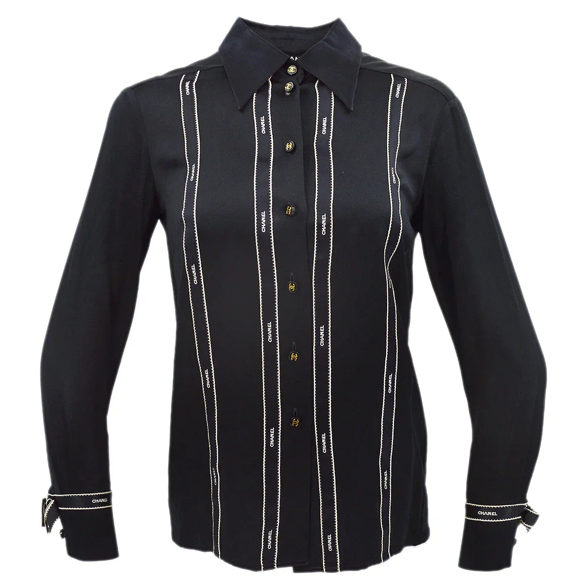 Chanel Ribbon Blouse Shirt Black 94A #36