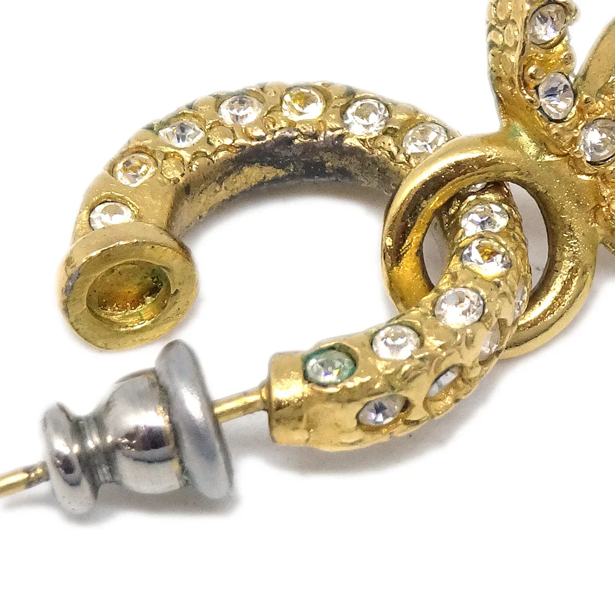 Chanel Dangle Pierced Earrings Rhinestone Gold 01P - Image 2