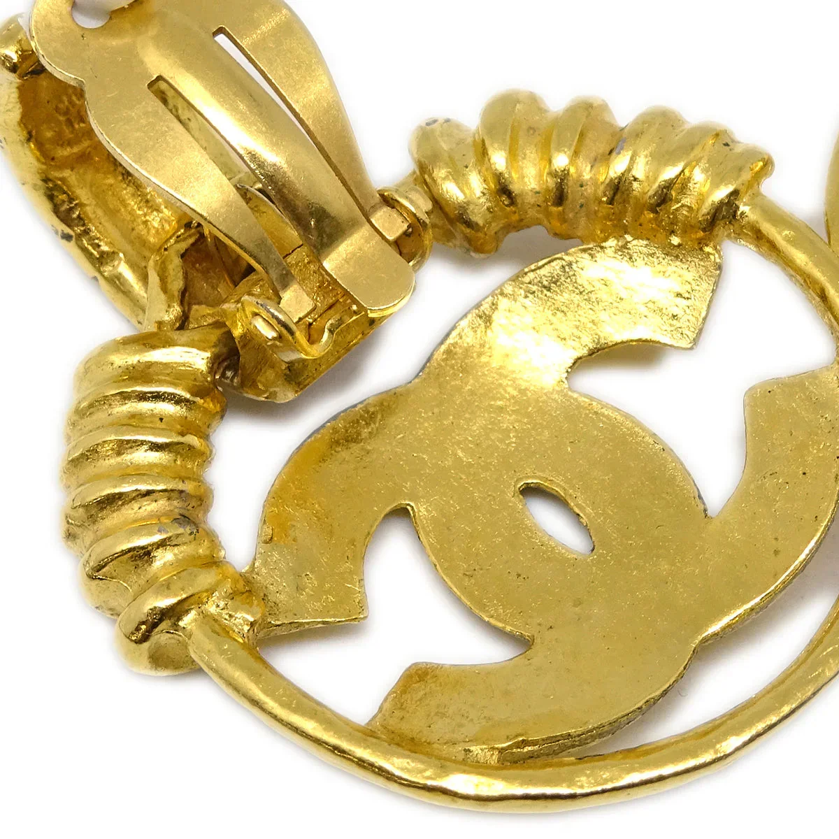 Chanel Hoop Dangle Earrings Gold Clip-On 94P - Image 3