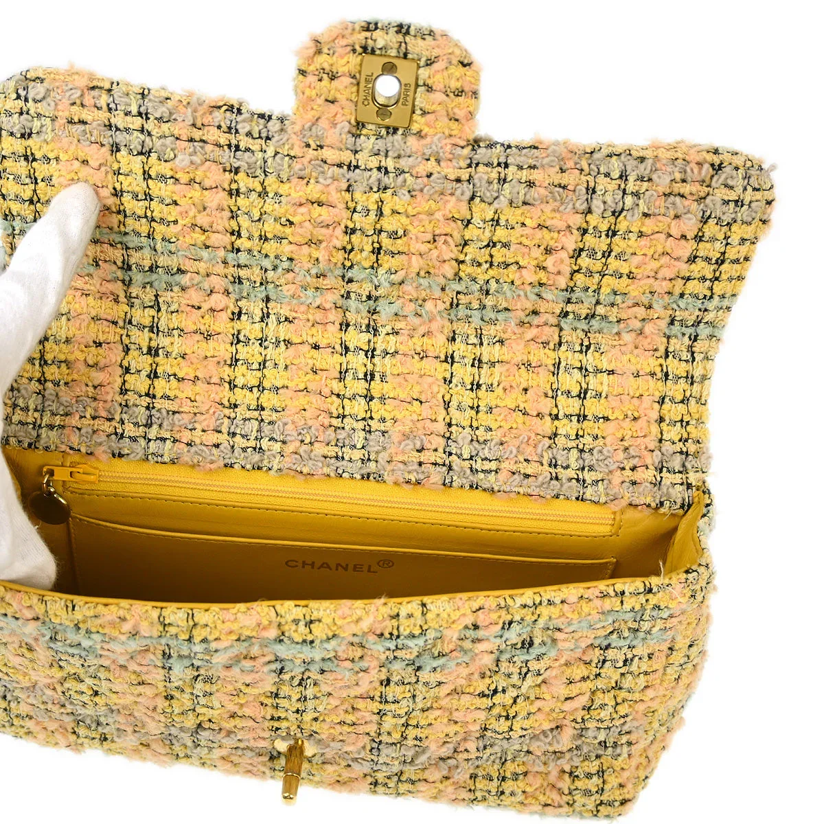 Chanel Yellow Tweed Classic Single Flap 2 in 1 Hand Bag Set - Image 8