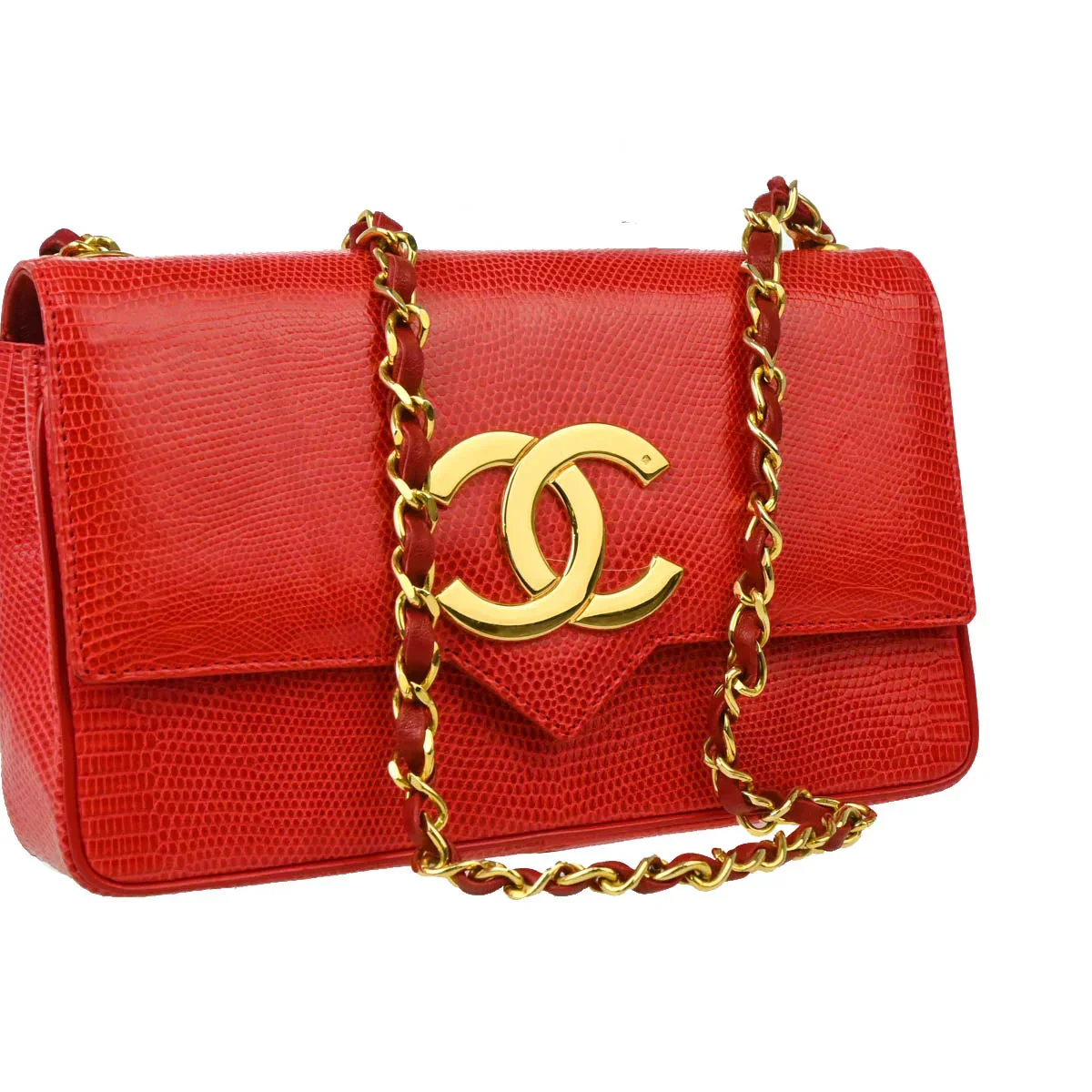 Chanel 1989-1991 Red Lizard Single Flap Shoulder Bag - Image 3