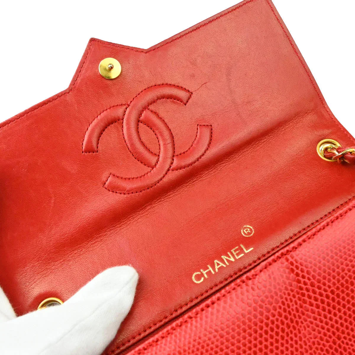 Chanel 1989-1991 Red Lizard Single Flap Shoulder Bag - Image 7