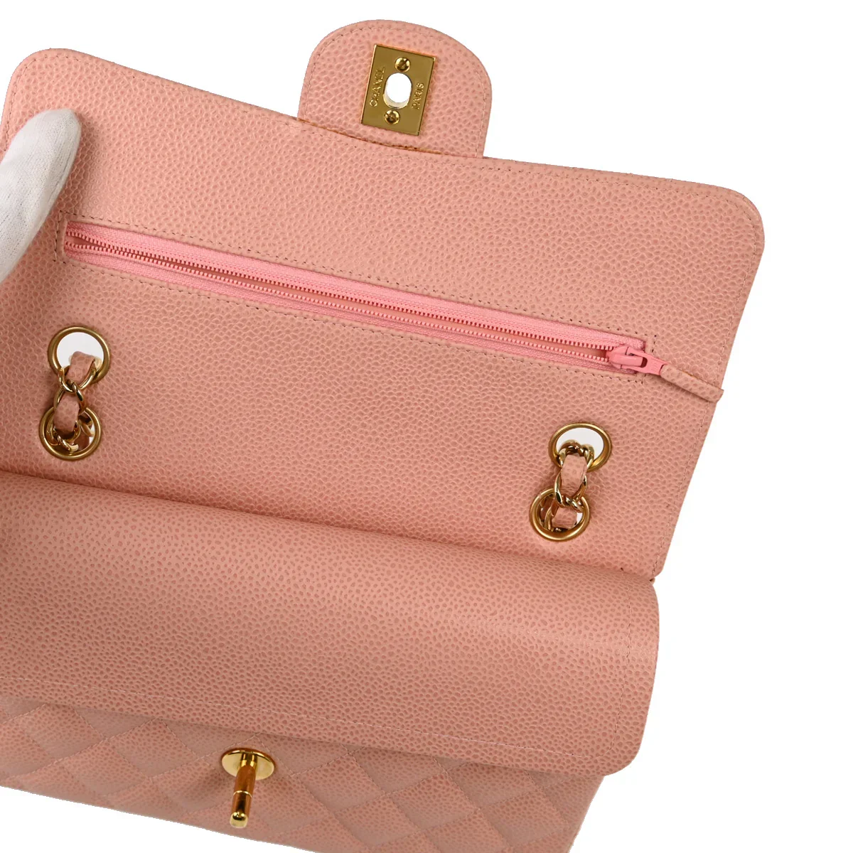 Chanel 2003-2004 Pink Caviar Small Classic Double Flap Shoulder Bag - Image 7