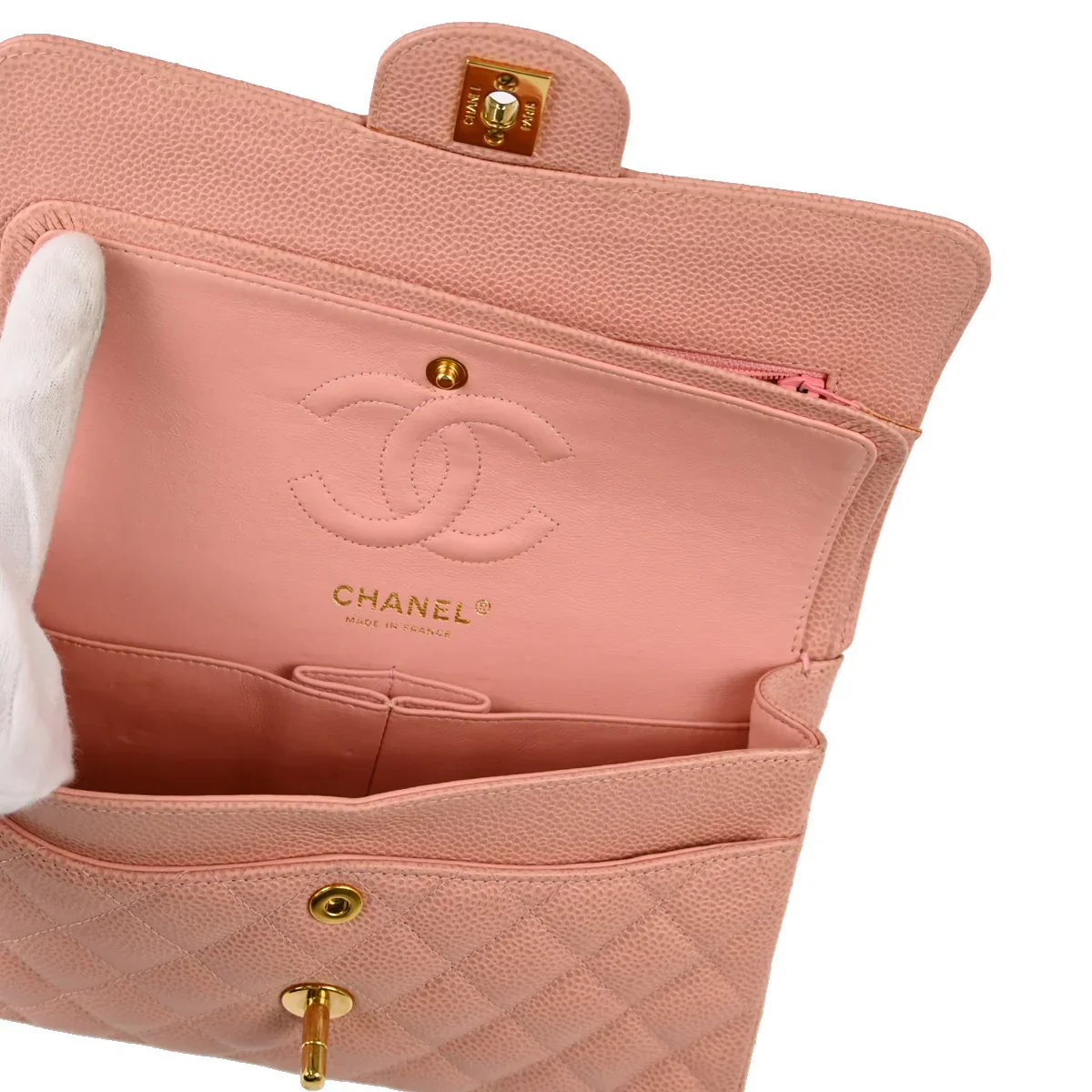 Chanel 2003-2004 Pink Caviar Small Classic Double Flap Shoulder Bag - Image 8