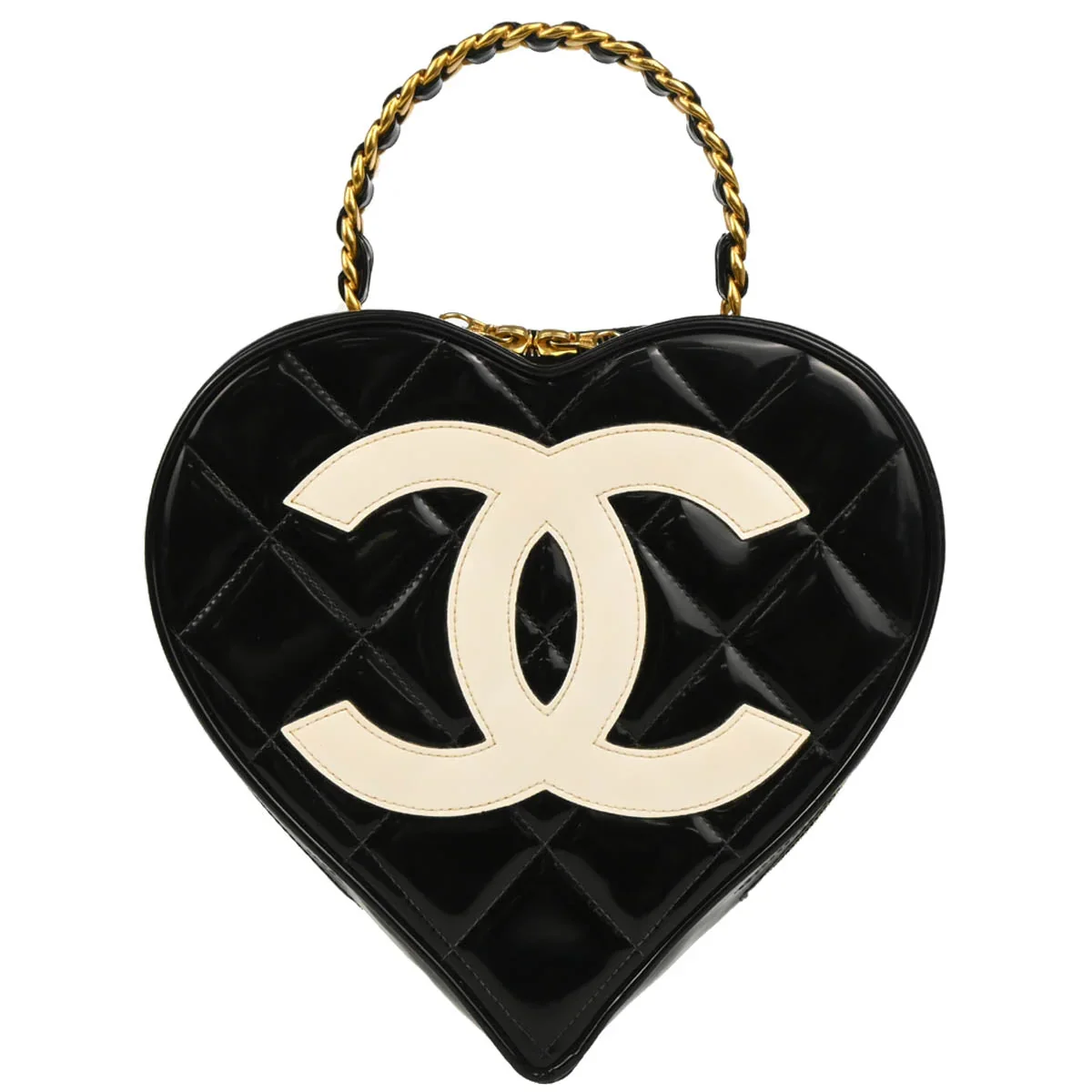 Chanel Black Patent Leather Heart Vanity Handbag