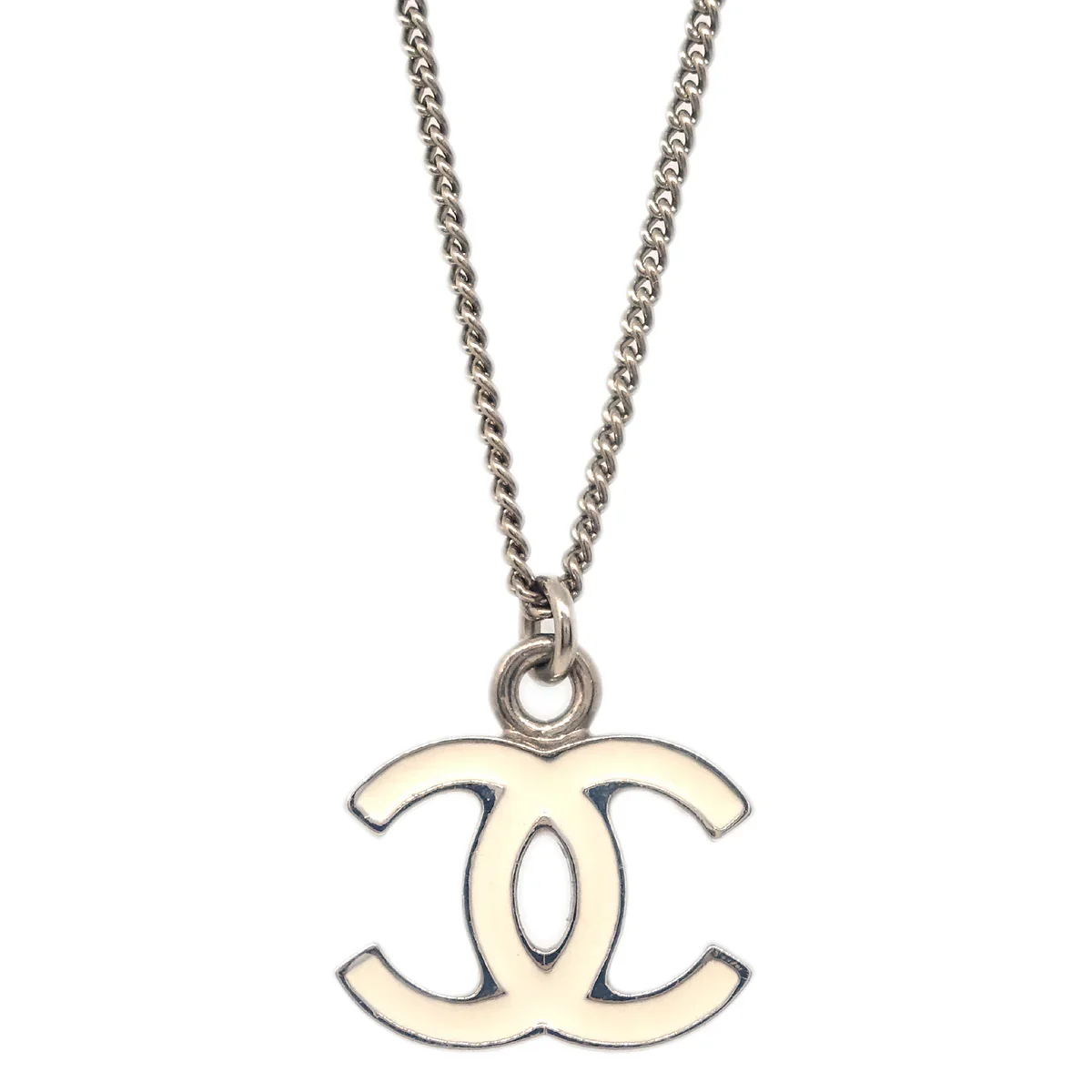 Chanel CC Chain Necklace Silver White 08V