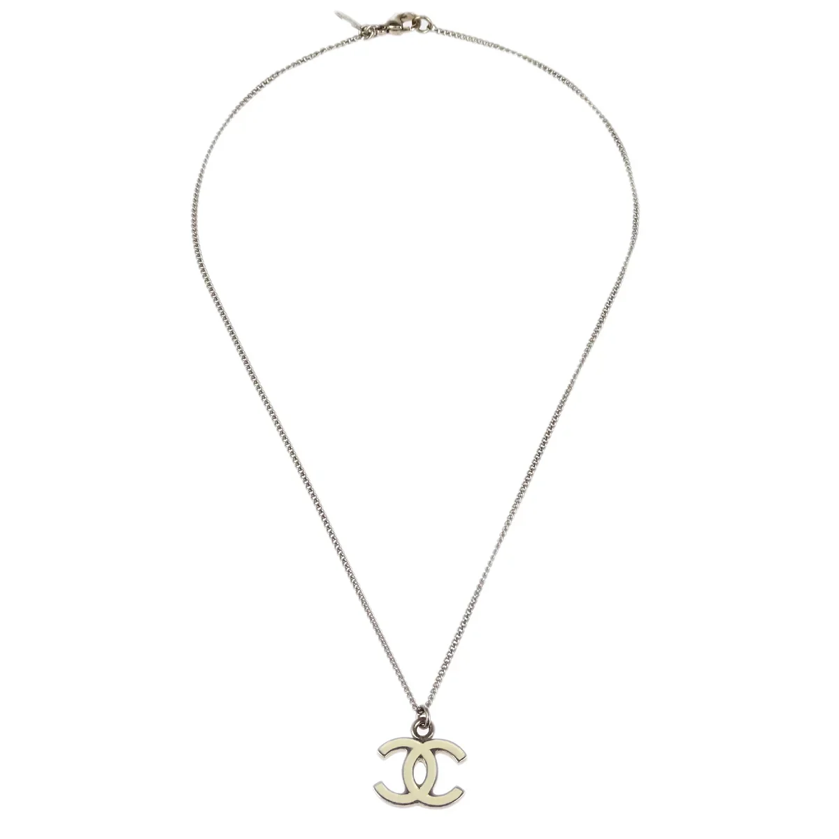 Chanel CC Chain Necklace Silver White 08V - Image 4