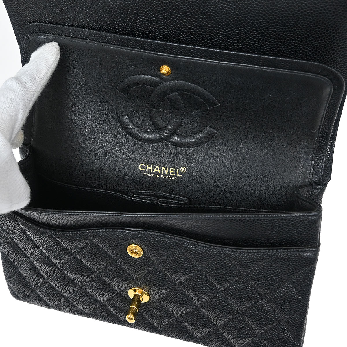 Chanel 1997-1999 Black Caviar Medium Classic Double Flap Shoulder Bag - Image 5