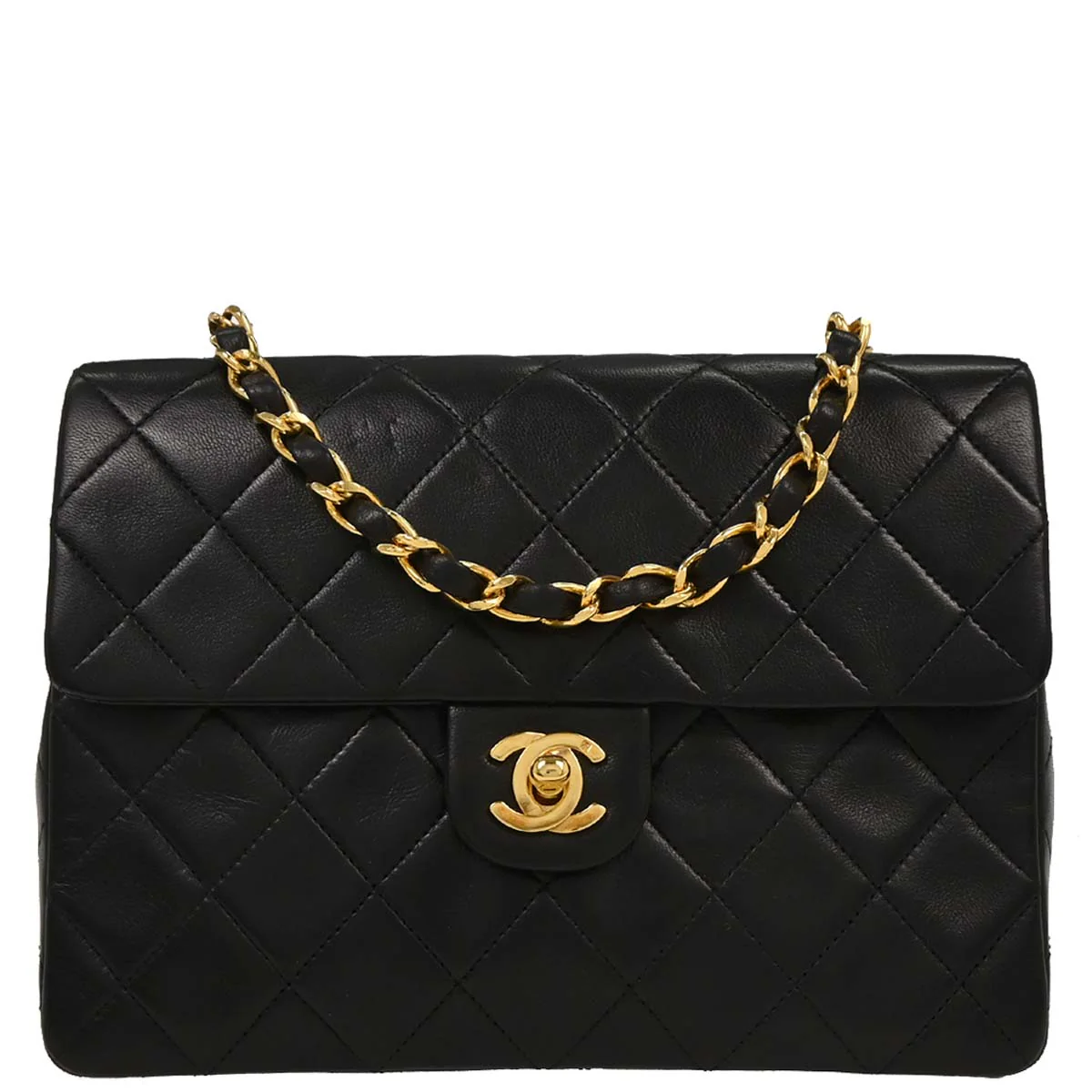 Chanel 1989-1991 Black Lambskin Classic Square Flap Shoulder Bag