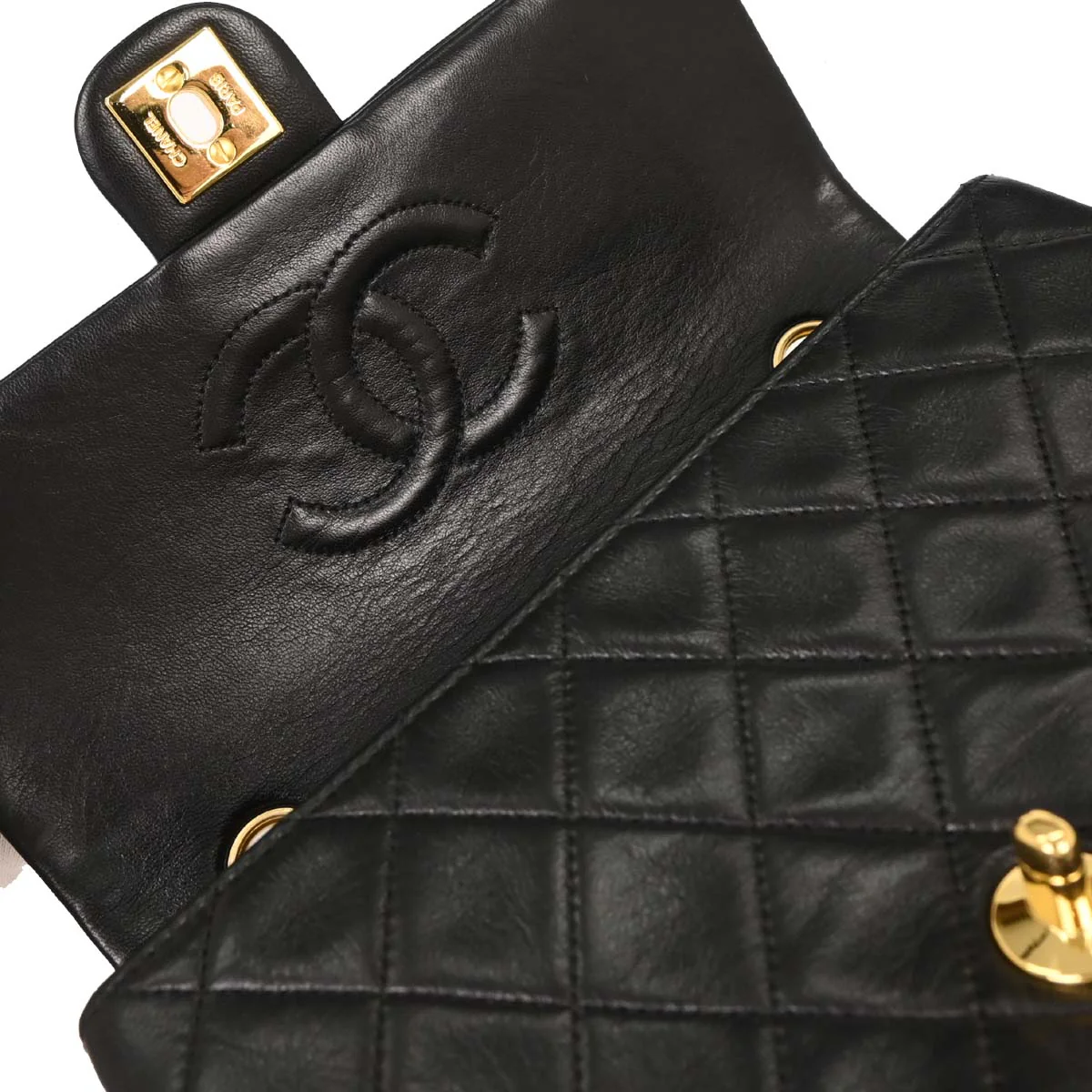 Chanel 1989-1991 Black Lambskin Classic Square Flap Shoulder Bag - Image 6