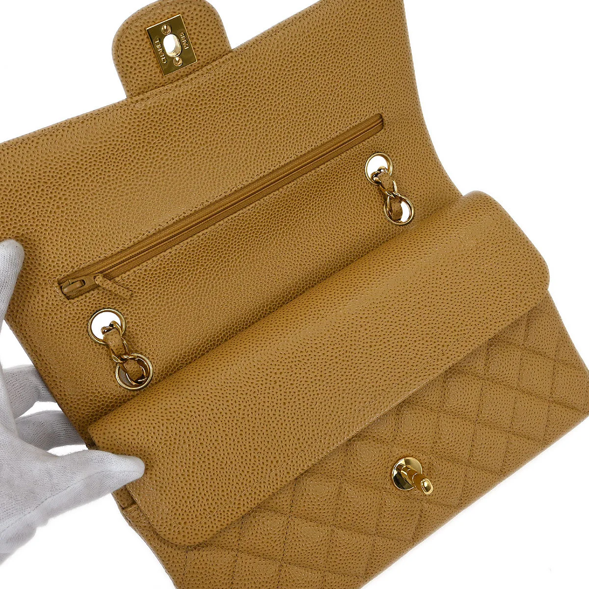 Chanel 2002-2003 Beige Caviar Medium Classic Double Flap Shoulder Bag - Image 6