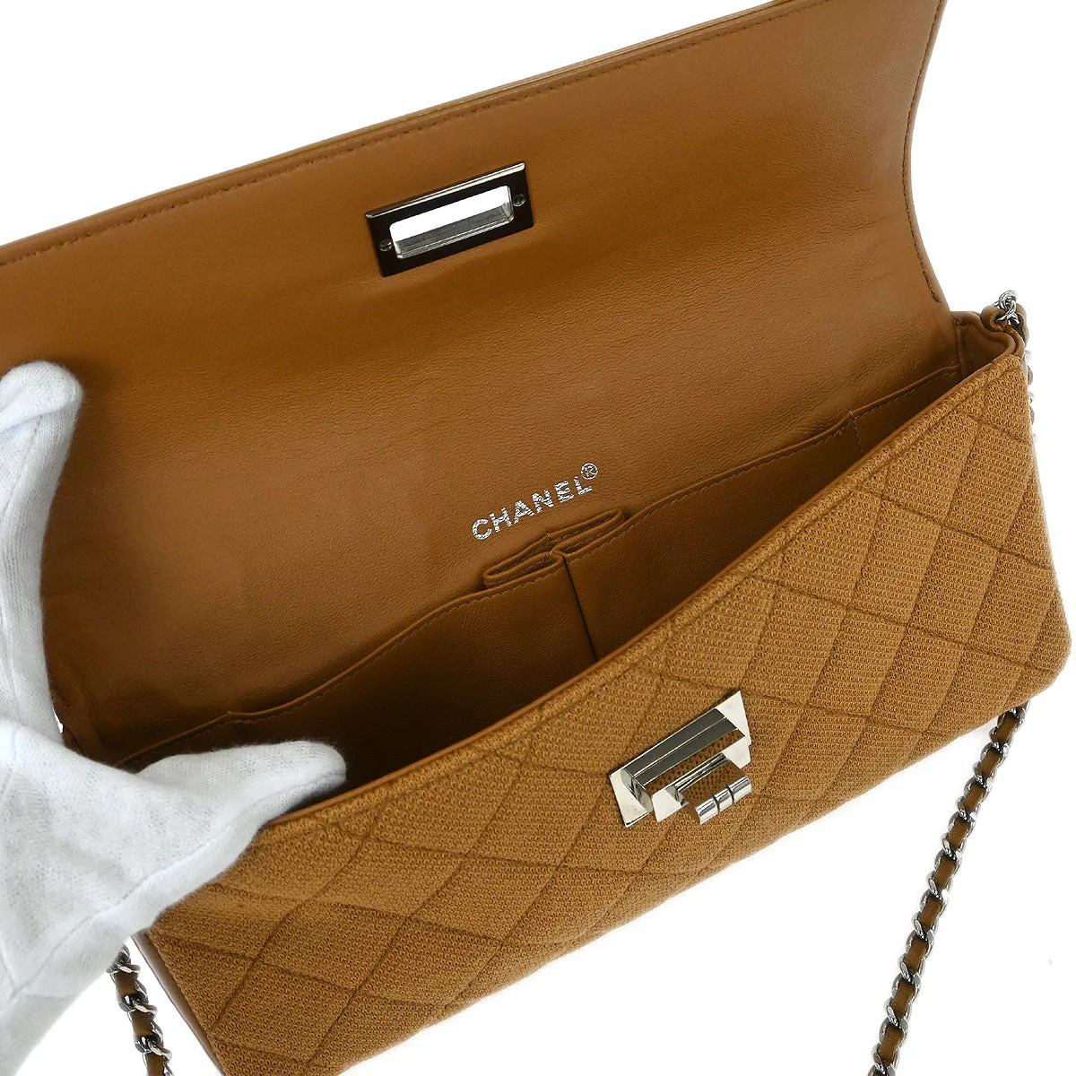 Chanel 2000-2002 Brown Cotton East West Mademoiselle Lock Shoulder Bag - Image 8