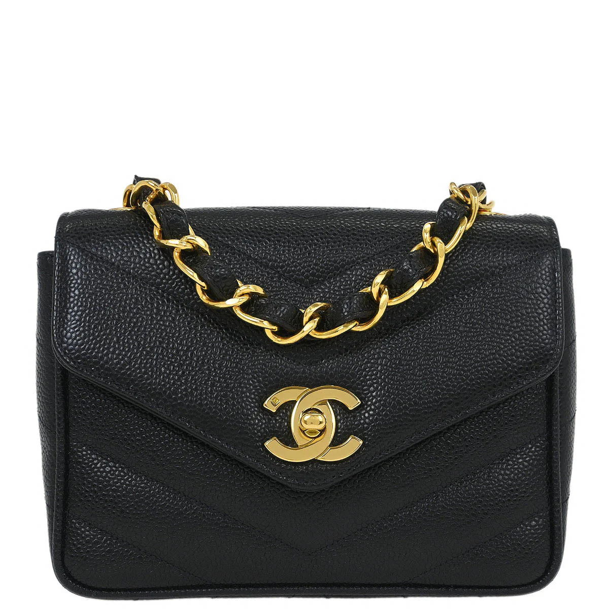 Chanel 1994-1996 Black Caviar Chevron Single Flap Shoulder Bag