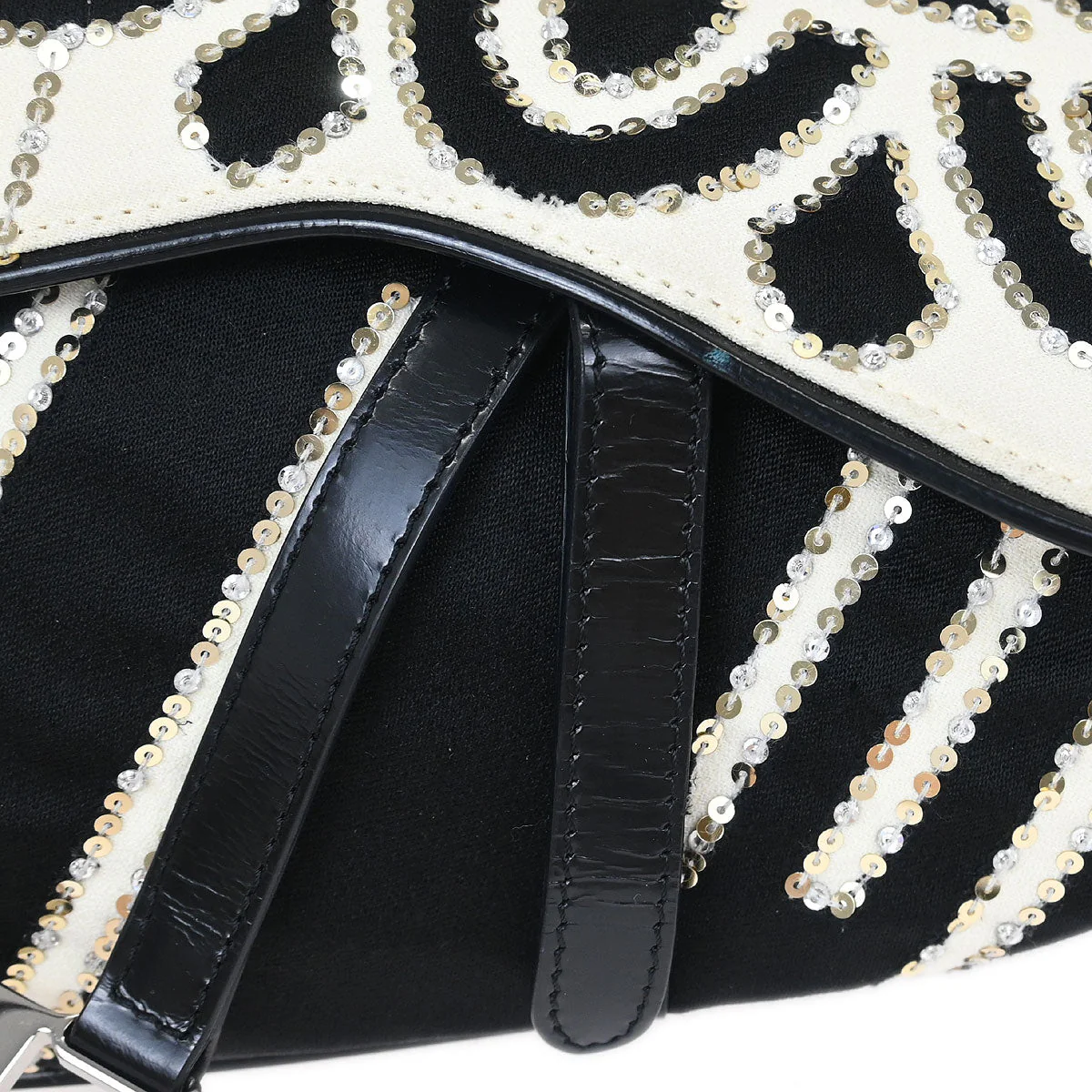 Christian Dior Black White Satin Sequins Saddle Handbag - Image 7