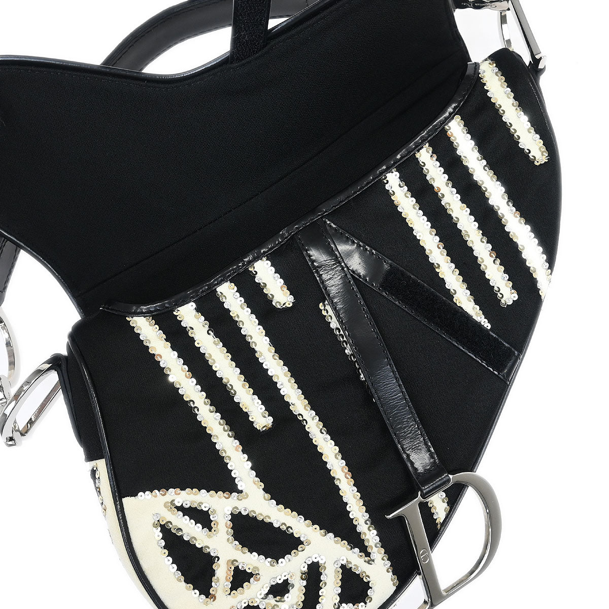 Christian Dior Black White Satin Sequins Saddle Handbag - Image 8