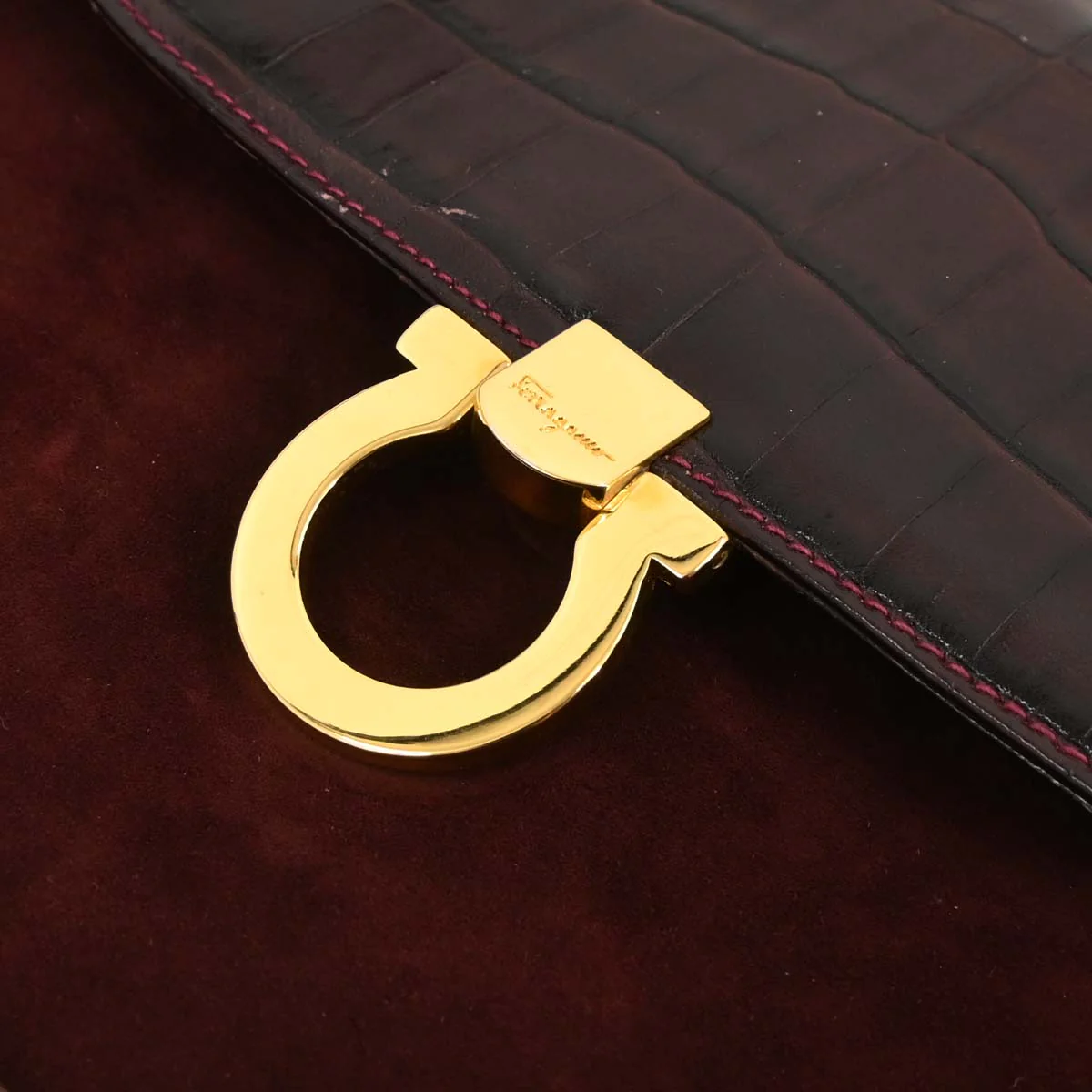 Salvatore Ferragamo Brown Suede Leather Gancini Shoulder Bag - Image 6
