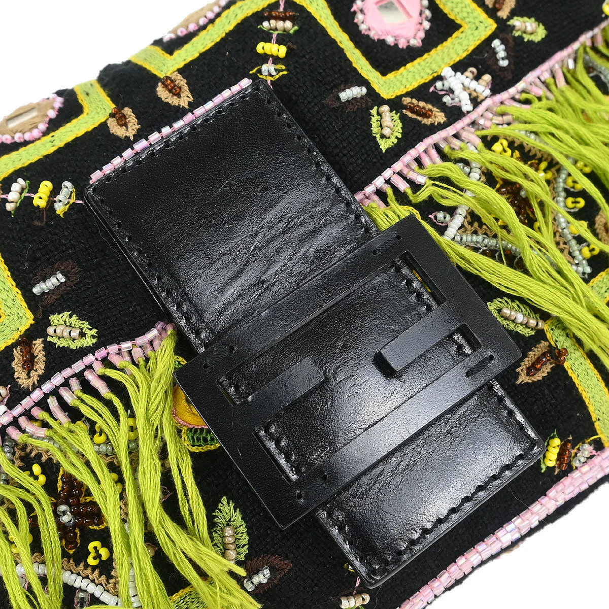 Fendi Black Cotton Beaded Embroidered Baguette Handbag - Image 3