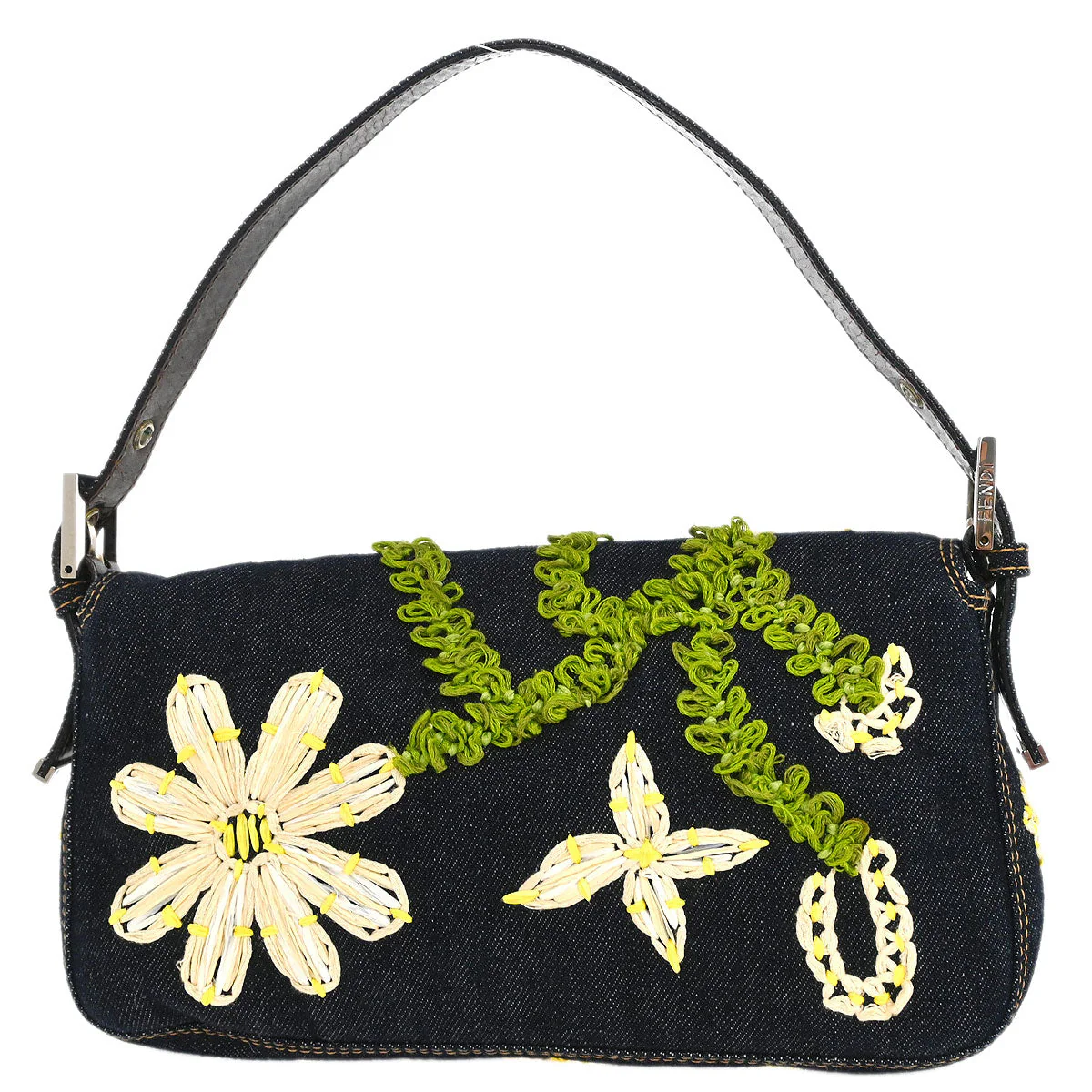 Fendi Navy Denim Flower Embroidered Baguette Handbag - Image 2