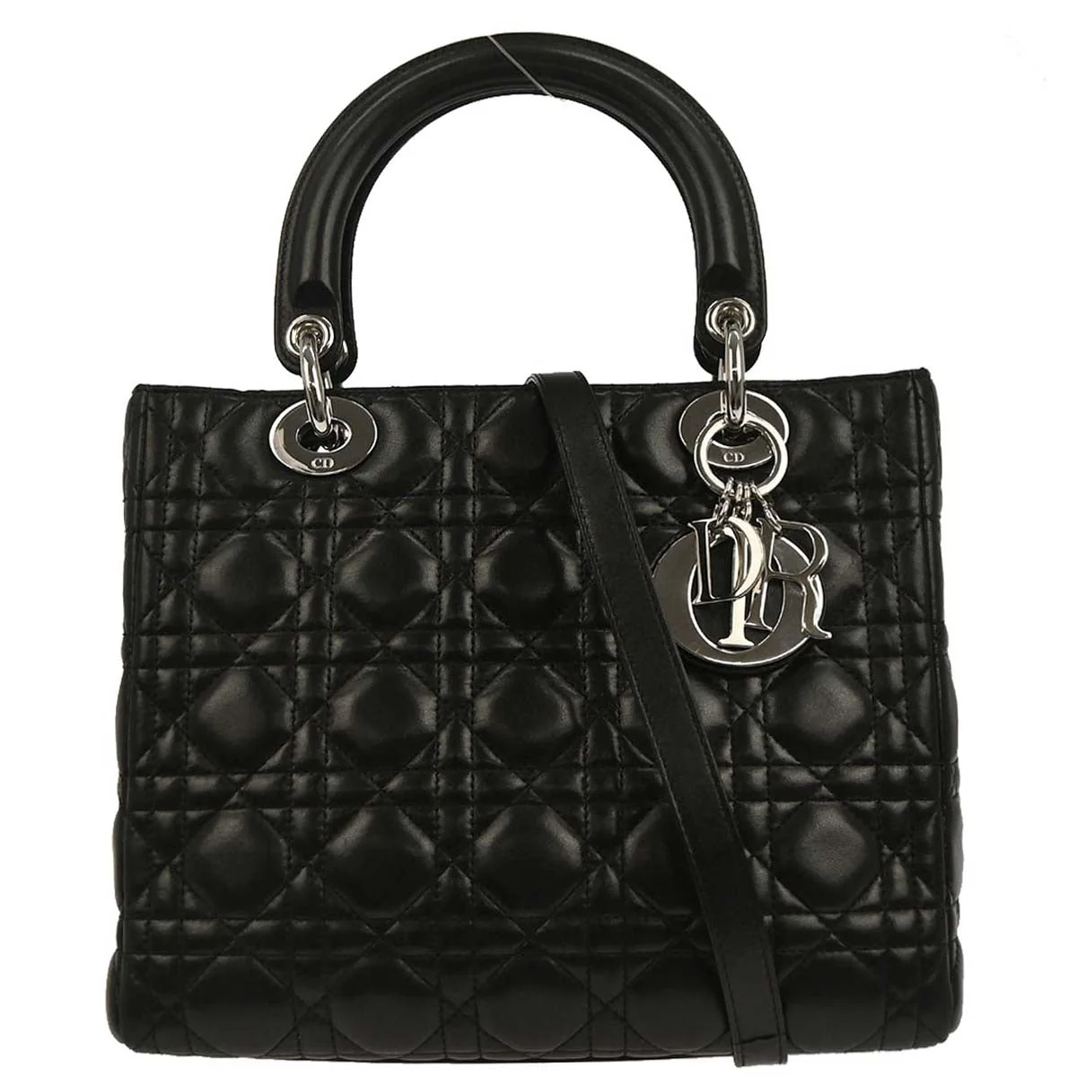 Christian Dior Black Lambskin Medium Lady Dior Cannage 2way Shoulder Handbag