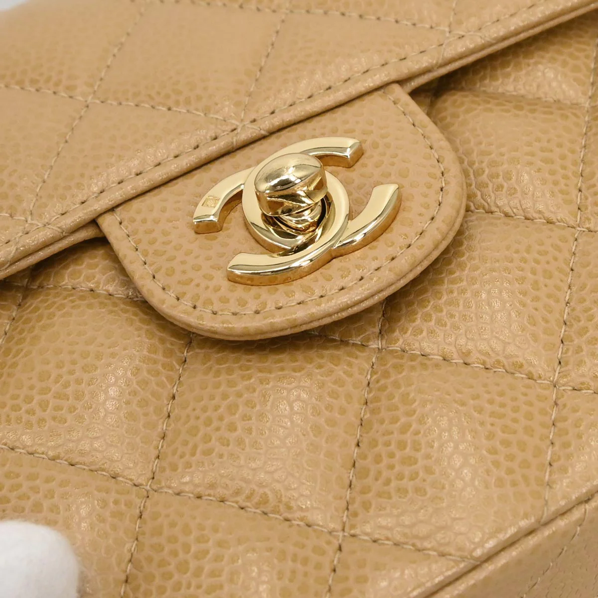 Chanel 2005-2006 Beige Caviar Mini Classic Square Flap Shoulder Bag - Image 4