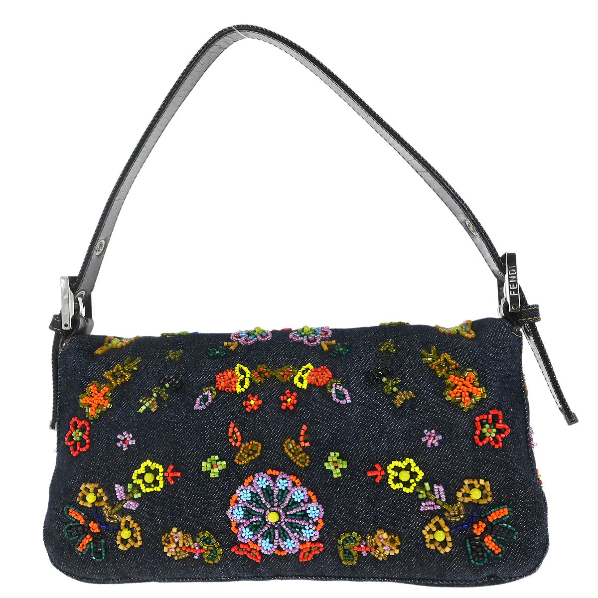 Fendi Navy Denim Beaded Baguette Handbag - Image 2
