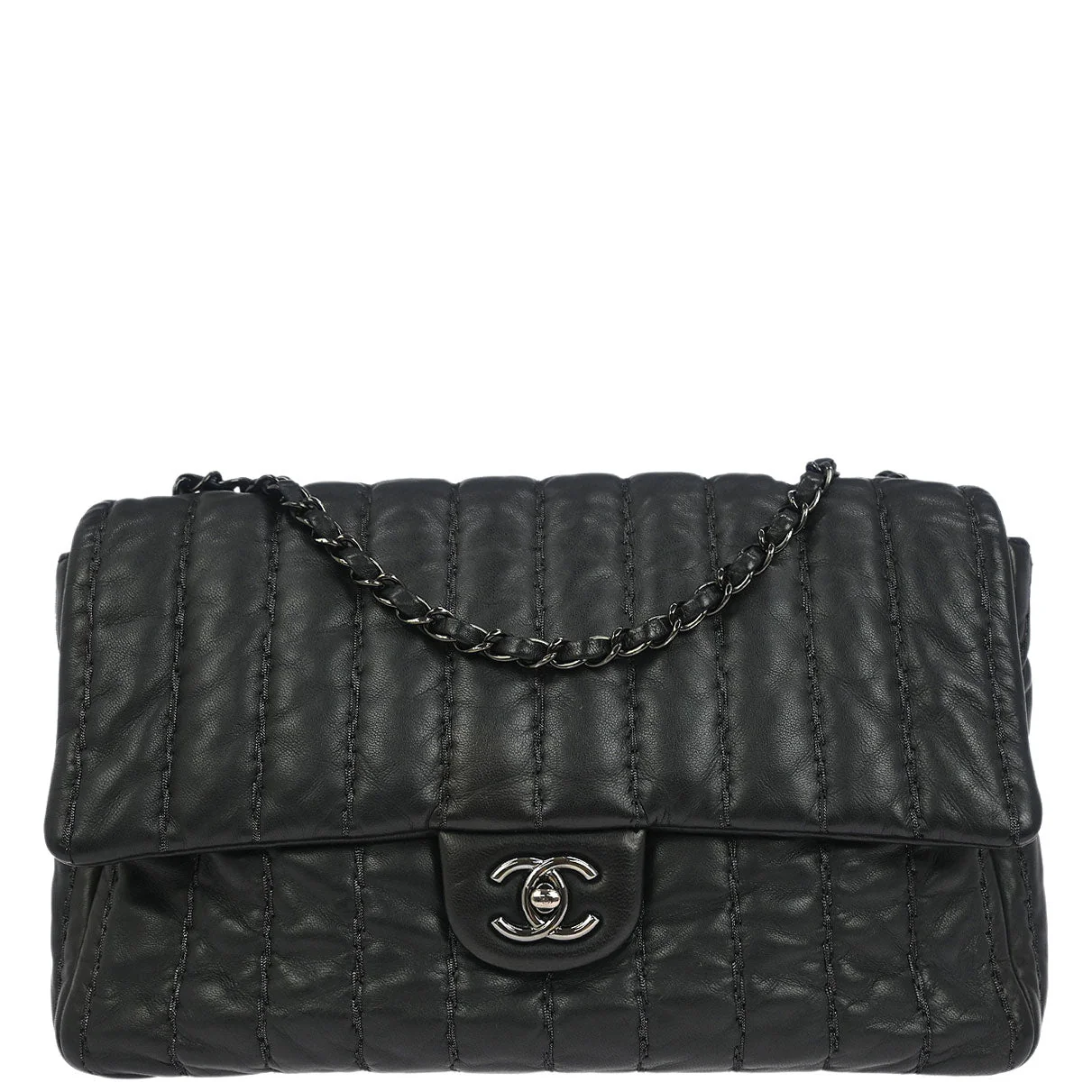 Chanel 2011 Black Lambskin Mademoiselle Jumbo Flap Bag