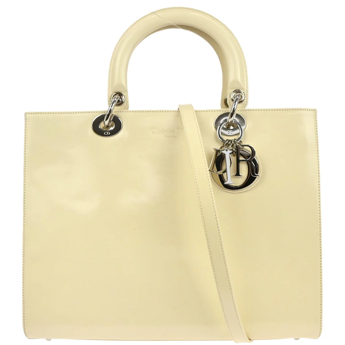 Christian Dior Ivory Patent Leather Lady Dior 2way Shoulder Handbag