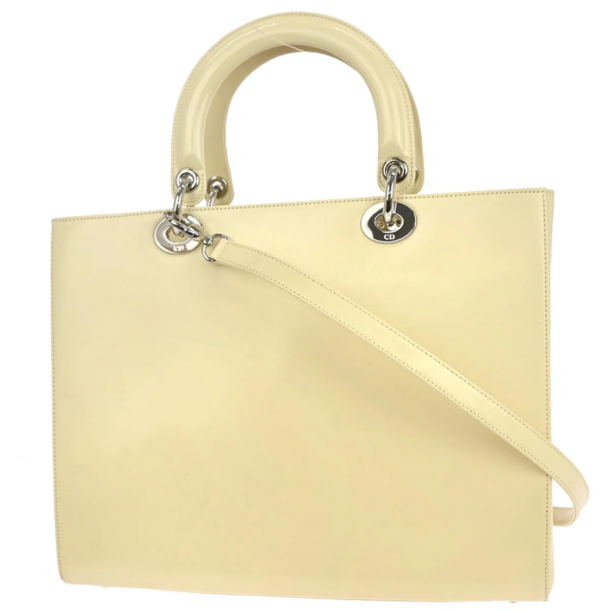 Christian Dior Ivory Patent Leather Lady Dior 2way Shoulder Handbag - Image 2