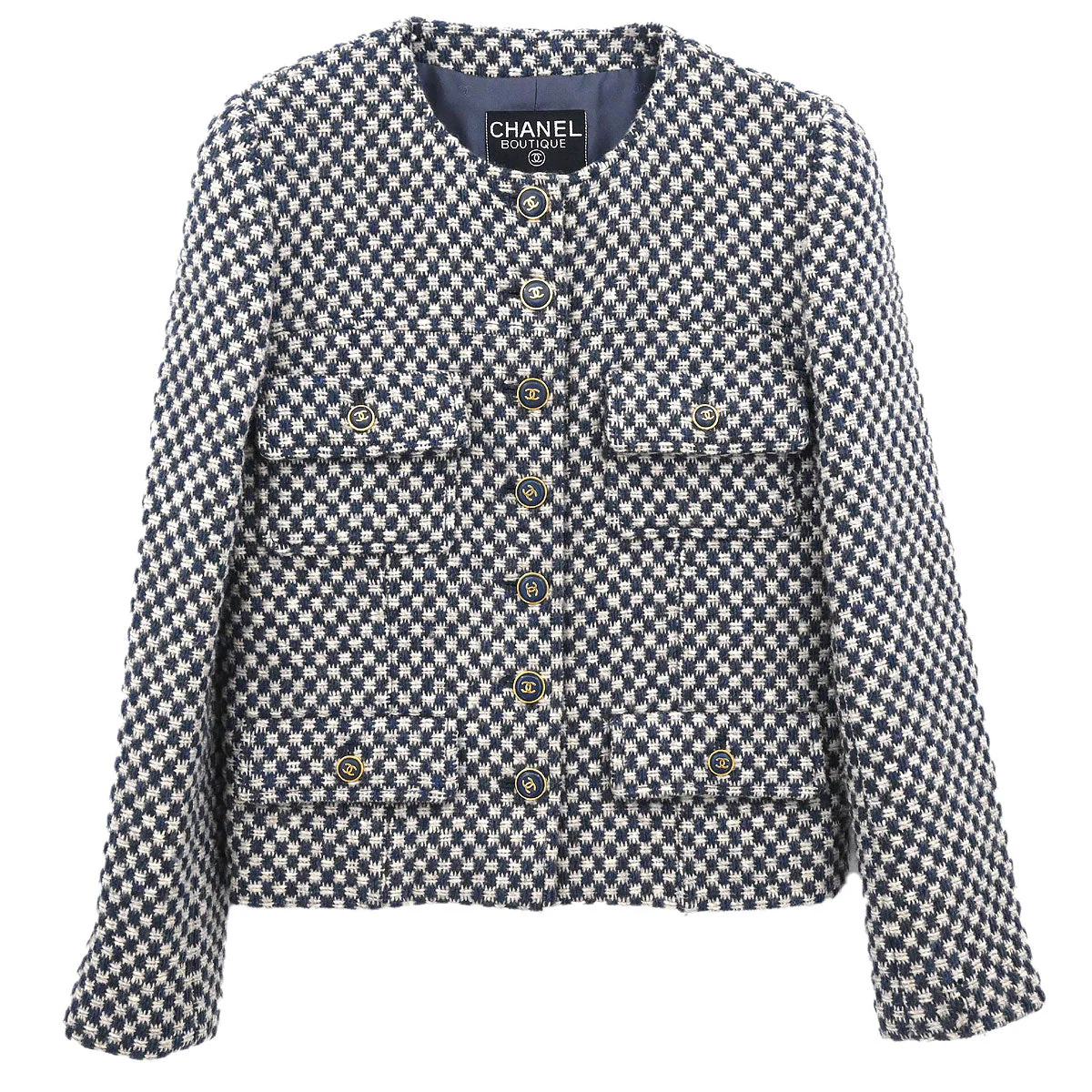 Chanel 1995 Single Breasted Collarless Jacket Navy #38