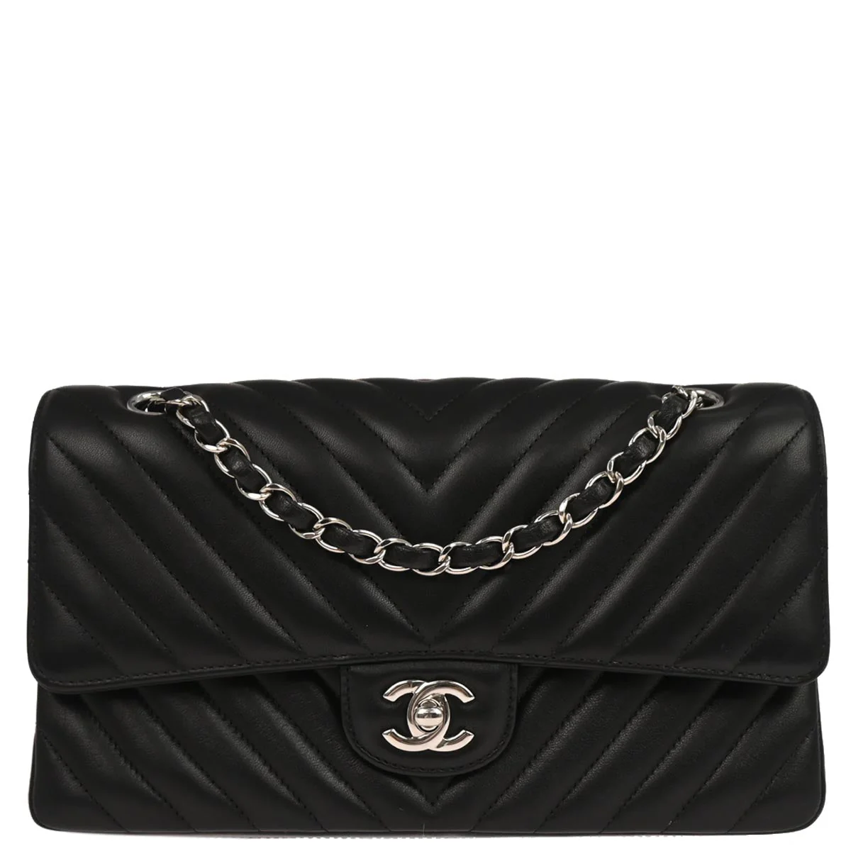 Chanel 2017-2018 Black Lambskin Chevron Medium Classic Double Flap Shoulder Bag