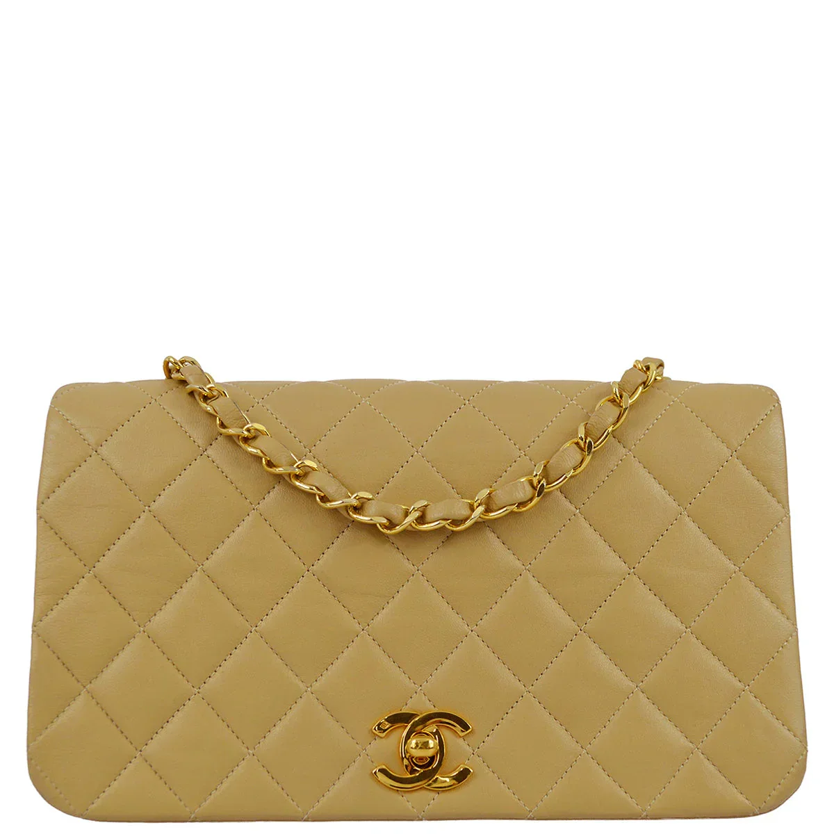 Chanel 1989-1991 Beige Lambskin Turnlock Small Full Flap Shoulder Bag