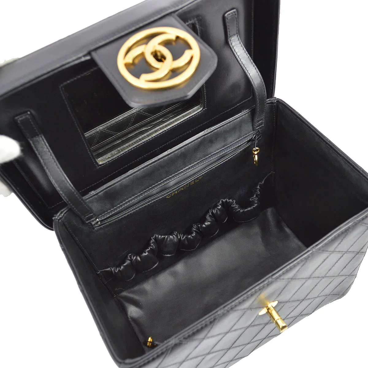 Chanel 1994-1996 Black Lambskin Bicolore Vanity 2way Handbag - Image 8