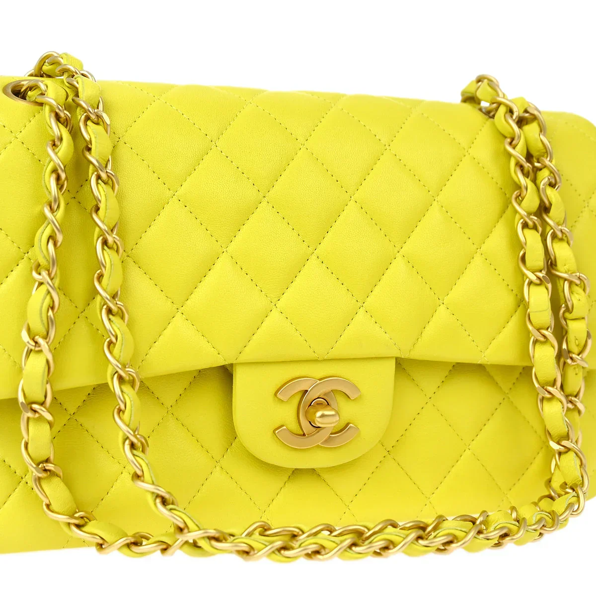 Chanel * 2000-2002 Yellow Lambskin Medium Classic Double Flap Shoulder Bag - Image 3
