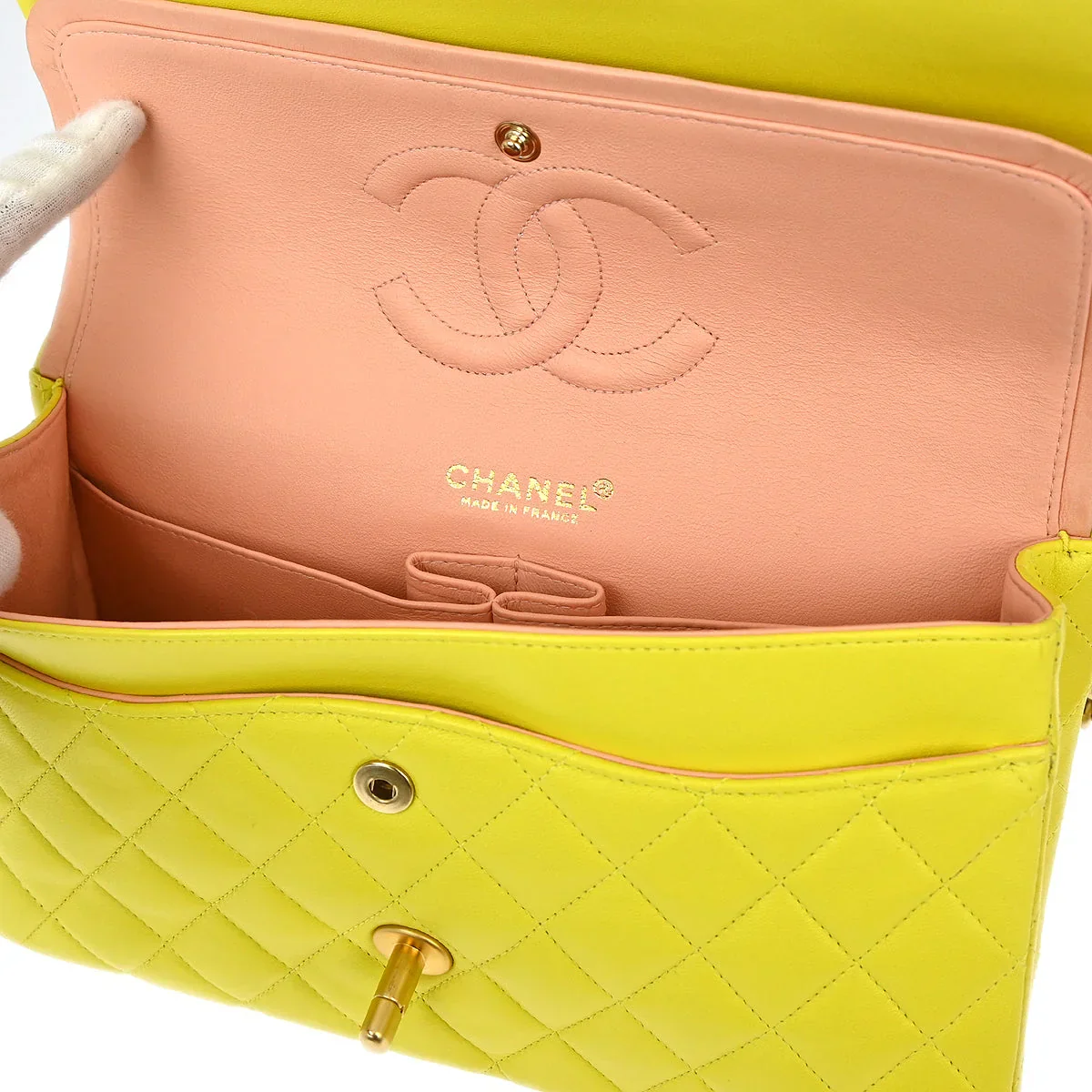 Chanel * 2000-2002 Yellow Lambskin Medium Classic Double Flap Shoulder Bag - Image 8