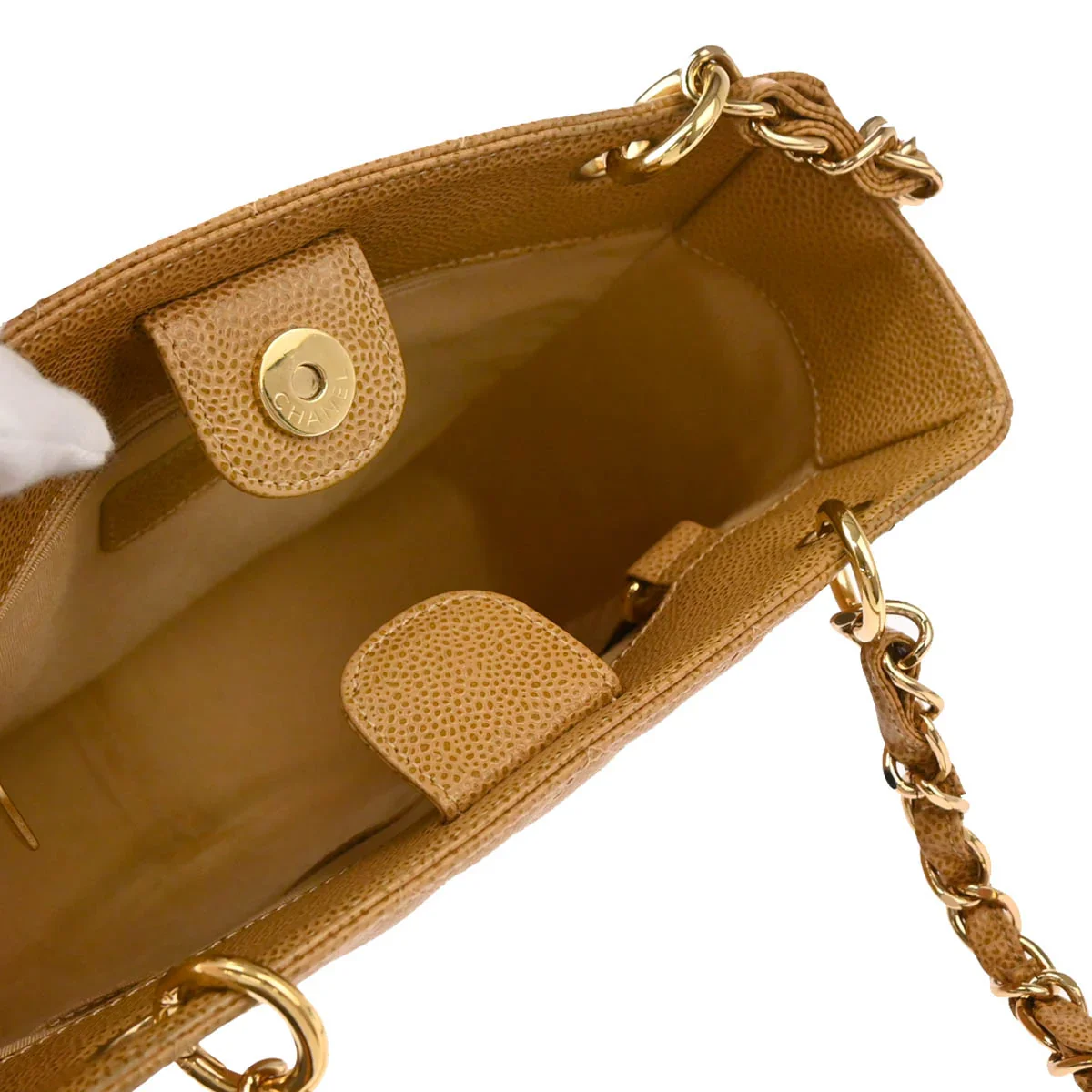 Chanel 2003-2004 Beige Caviar Petite Shopping Tote PST Chain Handbag - Image 4