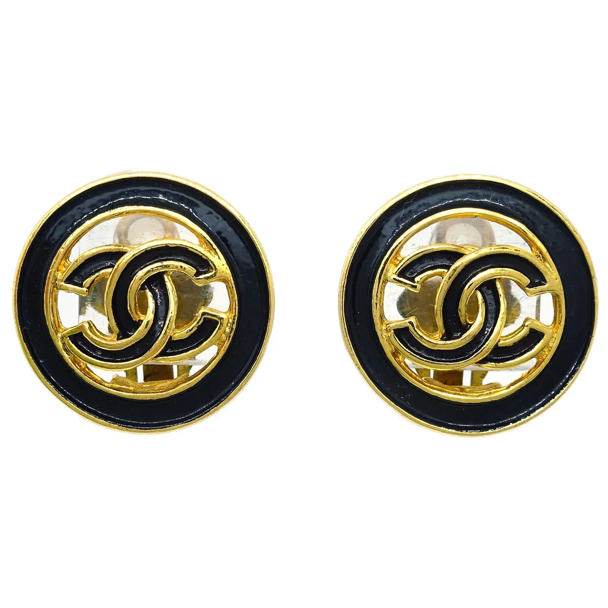 Chanel Button Earrings Black Clip-On 93C