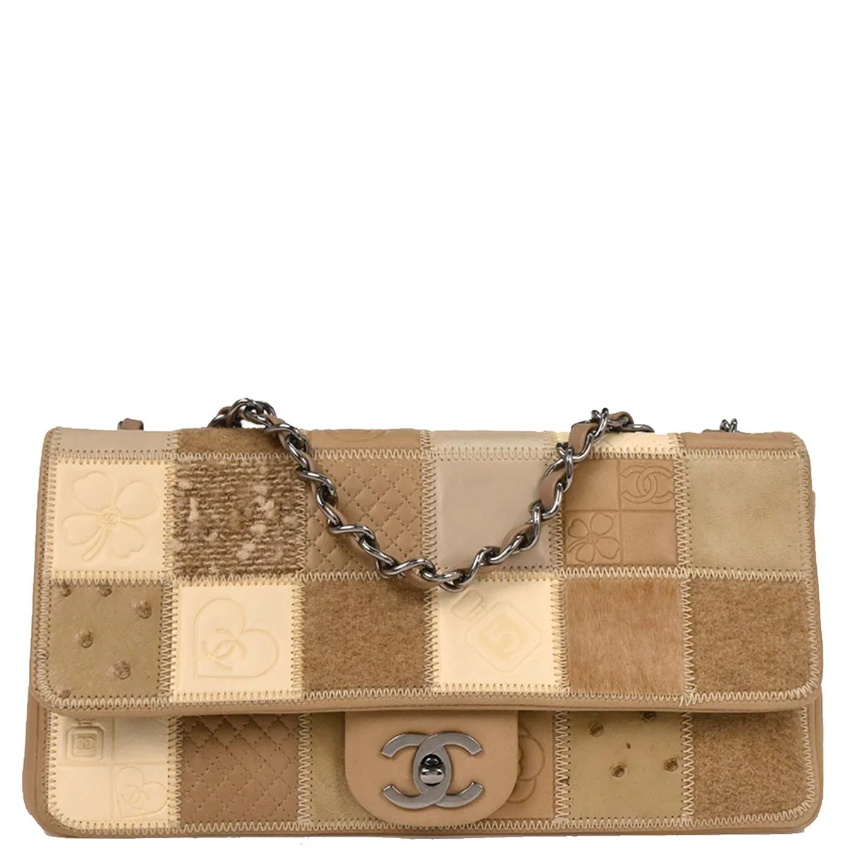 Chanel * 2006-2008 Brown Mixed Material Patchwork Single Flap Bag Mediuｍ
