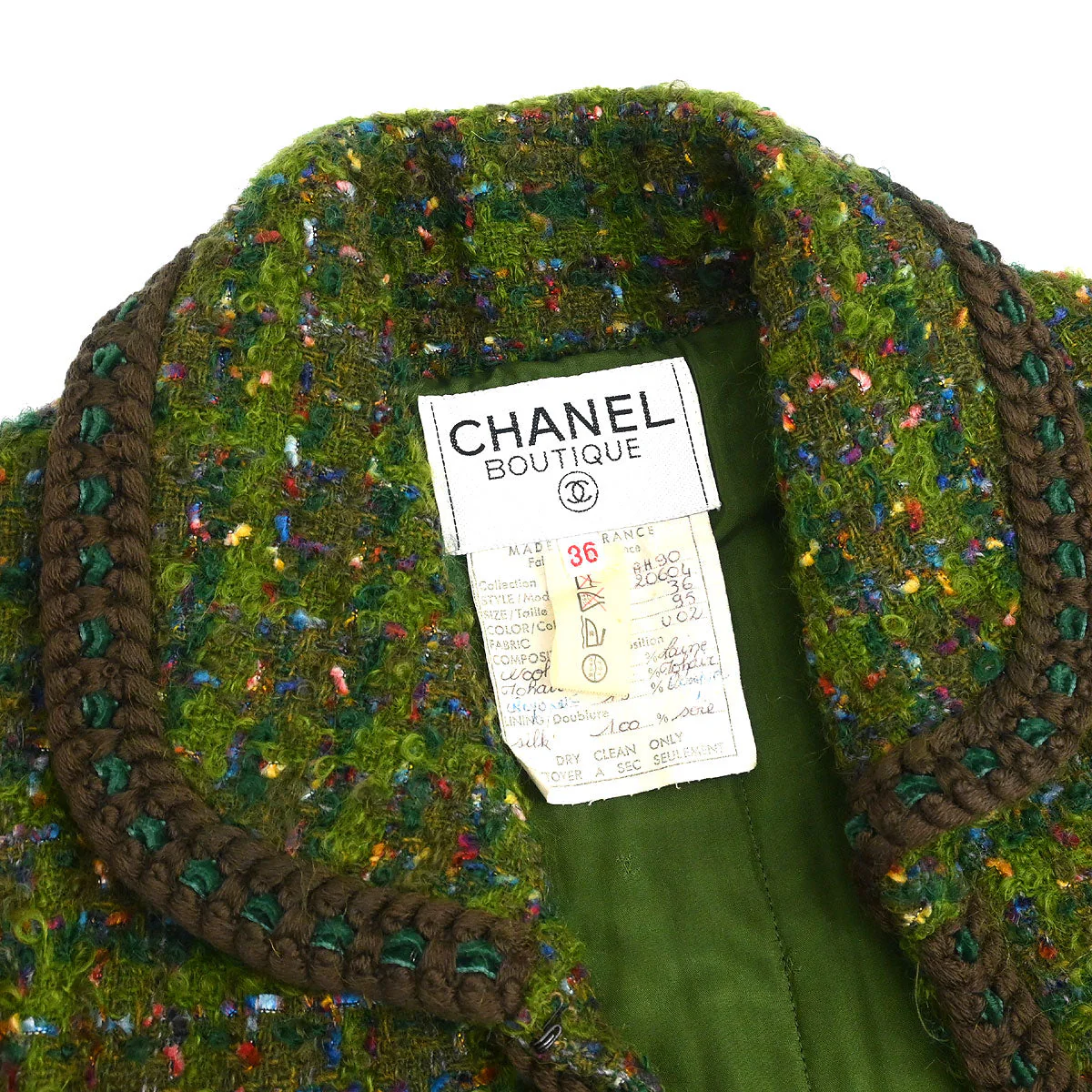 Chanel 1990 Setup Suit Jacket Skirt Tweed Green  #36 - Image 3