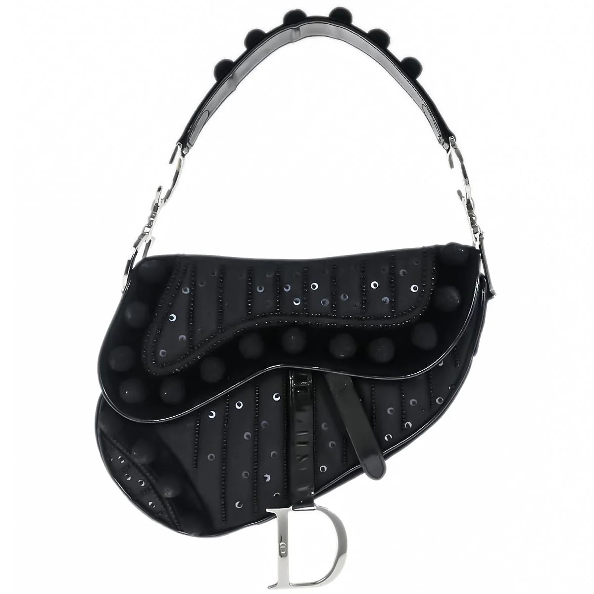 Christian Dior Black Velvet Beaded Saddle Handbag