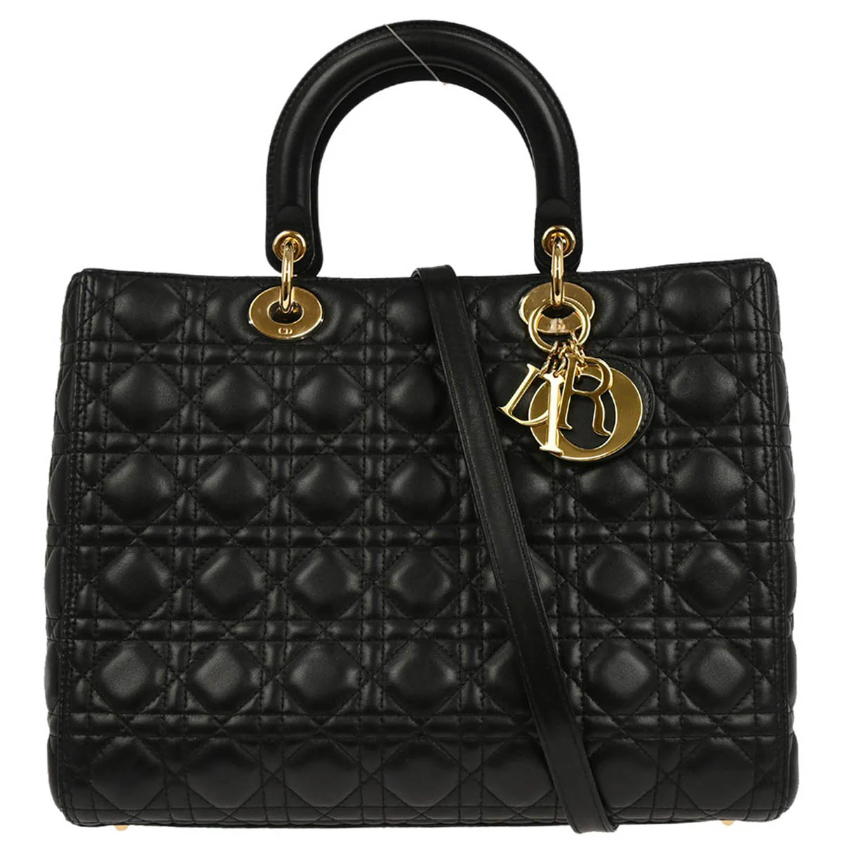 Christian Dior Black Lambskin Large Lady Dior Cannage 2way Shoulder Handbag