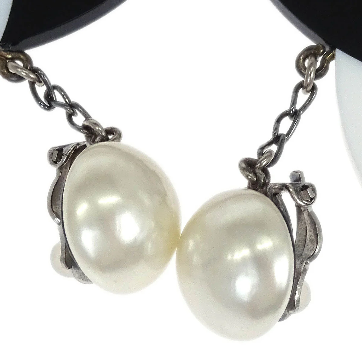 Chanel Dangle CC Earrings Clip-On Silver Costume Pearl 96P - Image 3