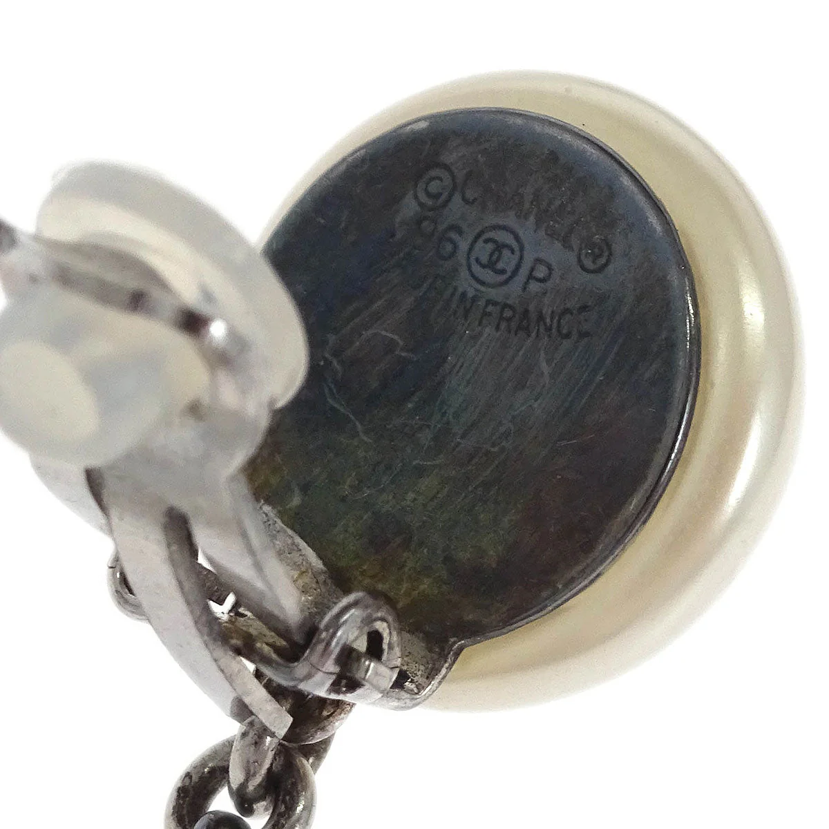 Chanel Dangle CC Earrings Clip-On Silver Costume Pearl 96P - Image 4
