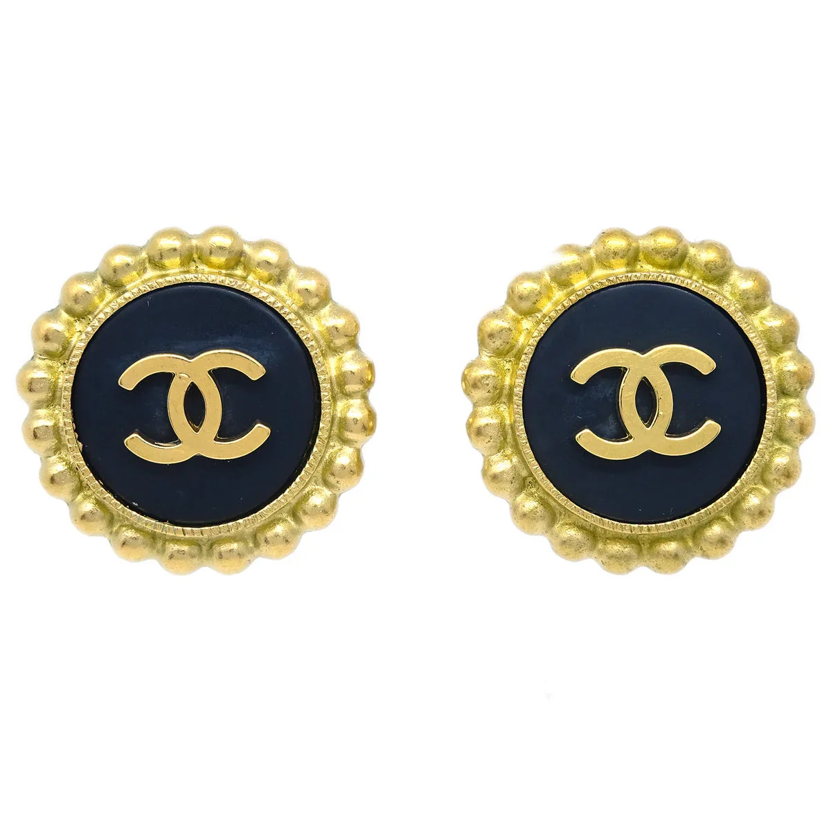 Chanel Gold Black Button Earrings Clip-On 95P