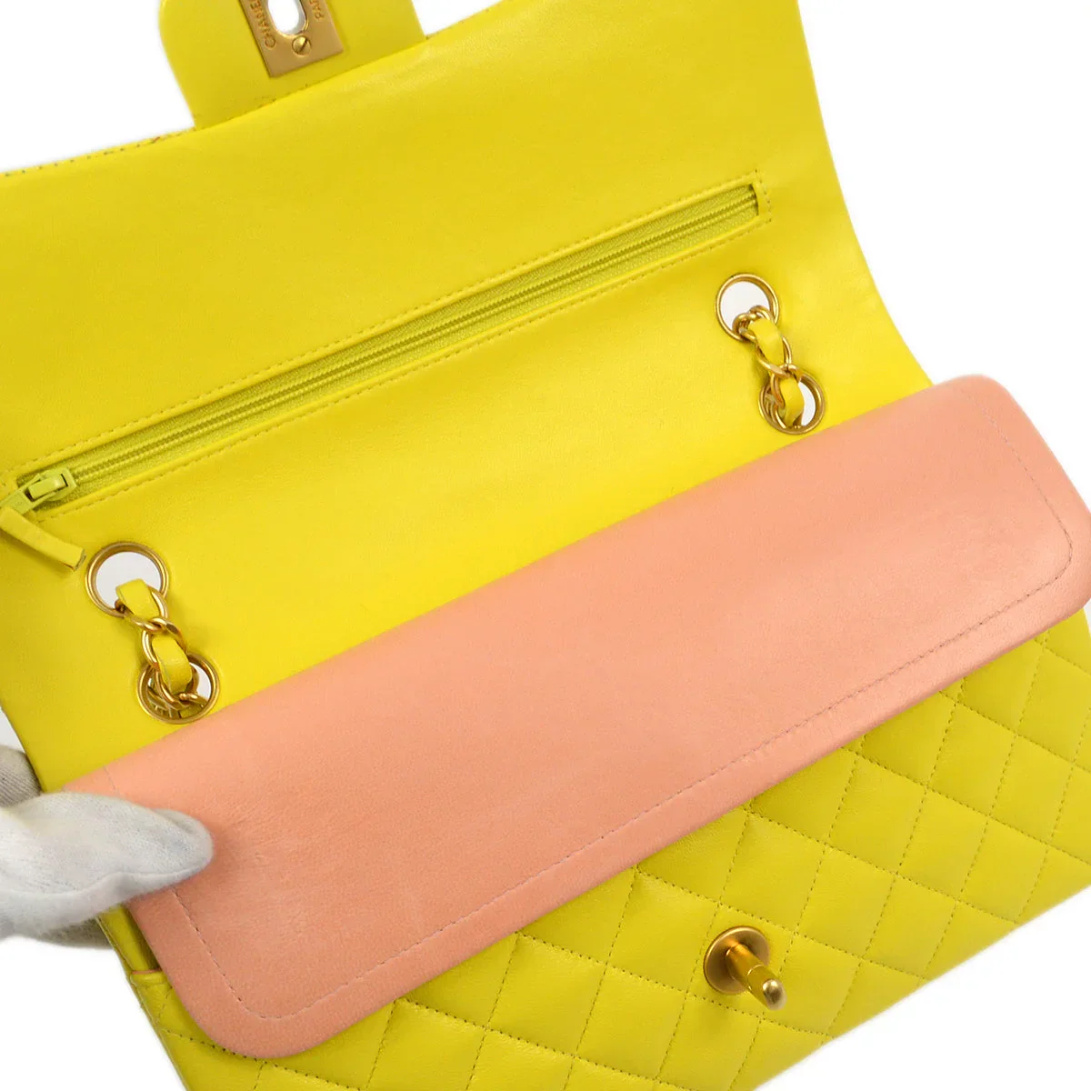 Chanel * 2000-2001 Yellow Lambskin Medium Classic Double Flap Bag - Image 7