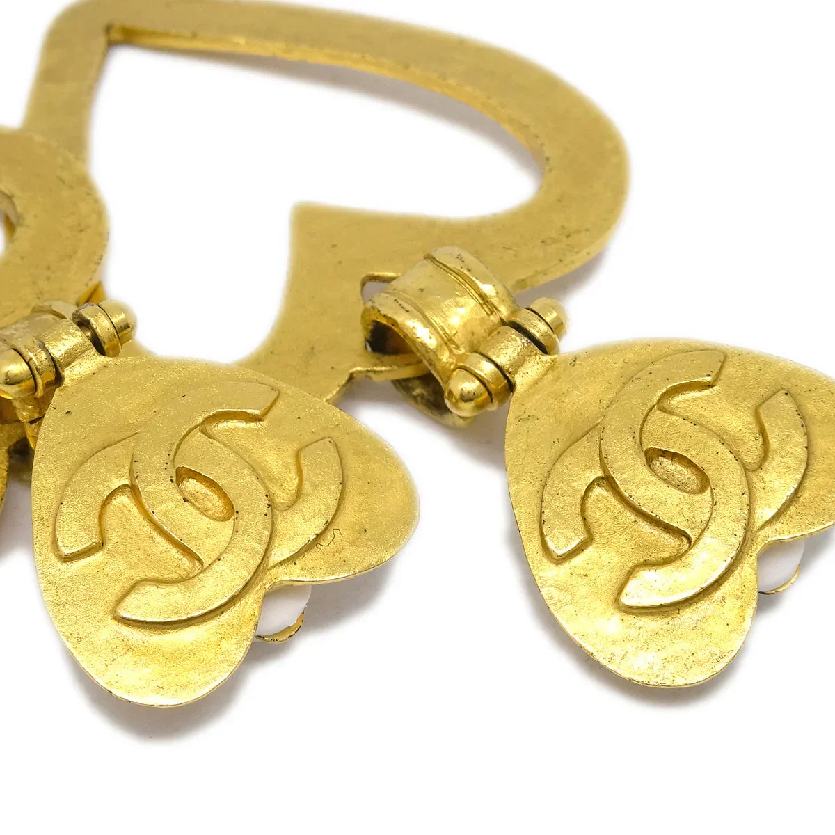Chanel Heart Dangle Hoop Earrings Gold Clip-On 95P - Image 2