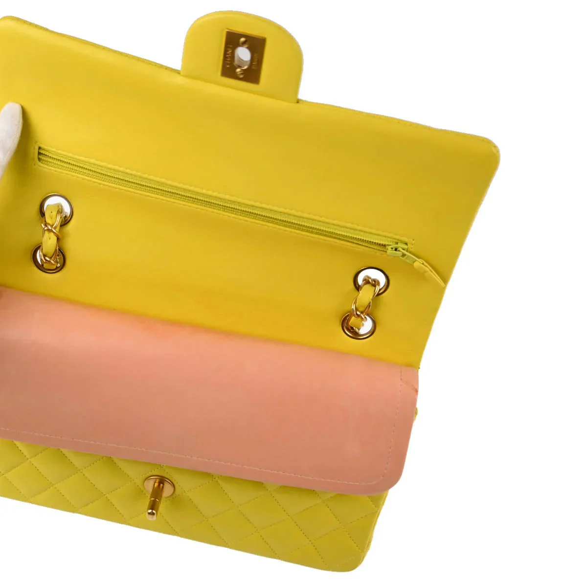 Chanel 2000-2001 Yellow Lambskin Medium Classic Double Flap Shoulder Bag - Image 8