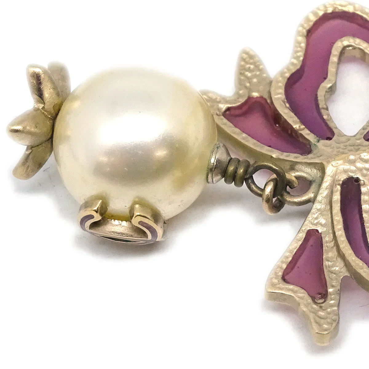Chanel Chain Pendant Necklace Artificial Pearl Bow Gold 05A - Image 3
