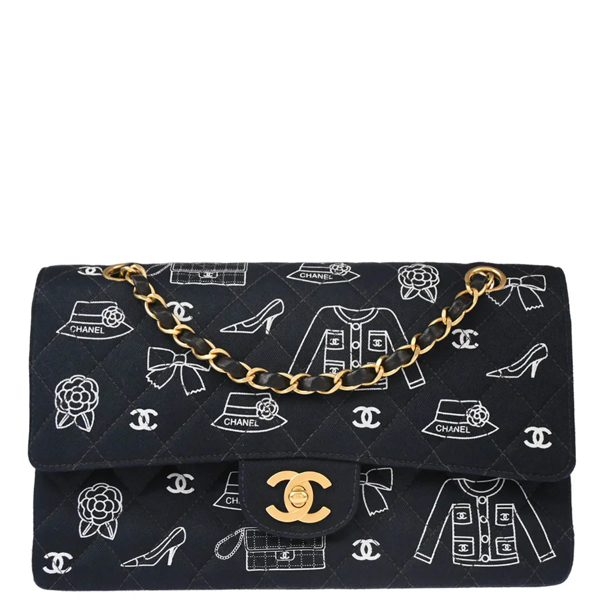 Chanel 2001-2003 Navy Canvas Icon Medium Classic Double Flap Shoulder Bag