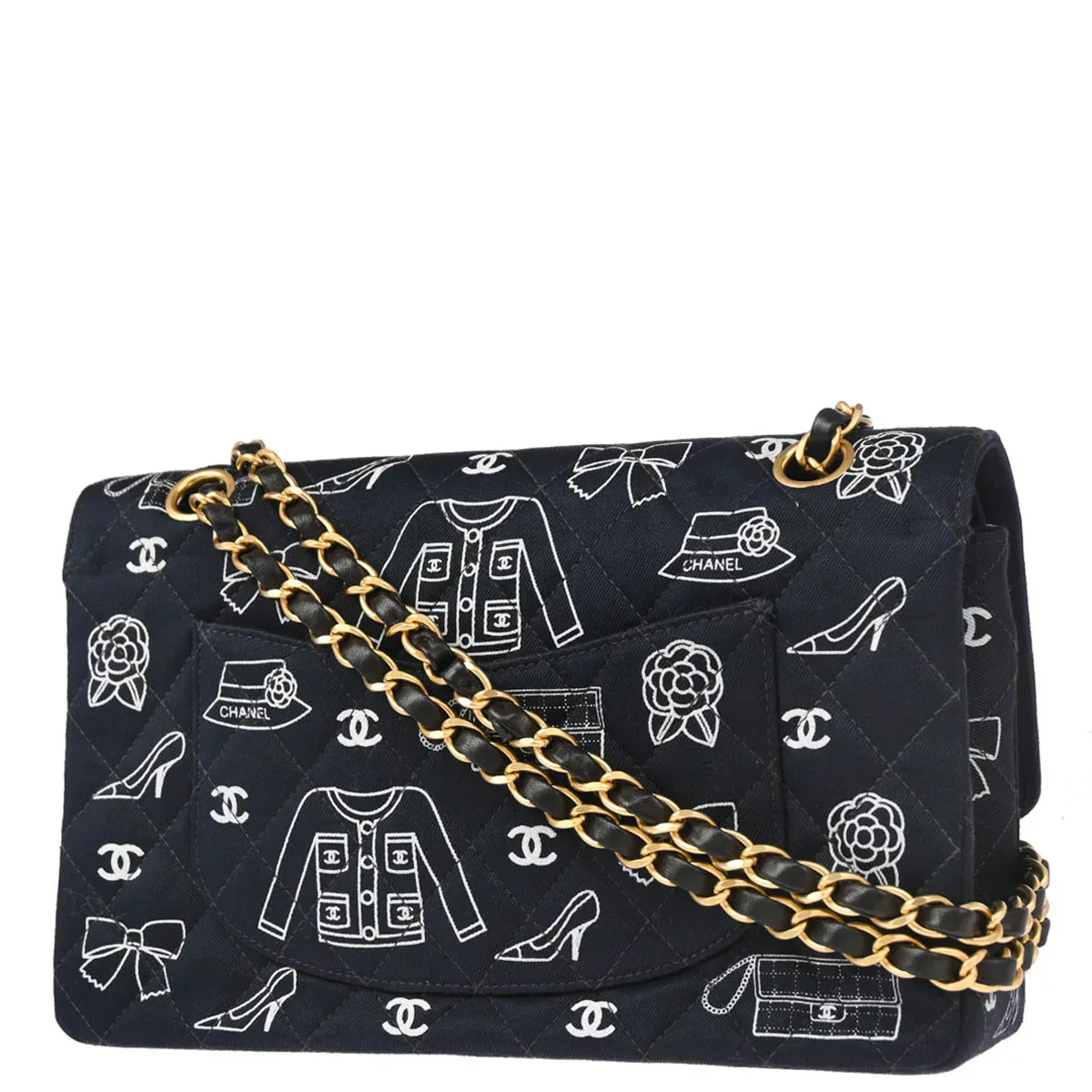 Chanel 2001-2003 Navy Canvas Icon Medium Classic Double Flap Shoulder Bag - Image 2