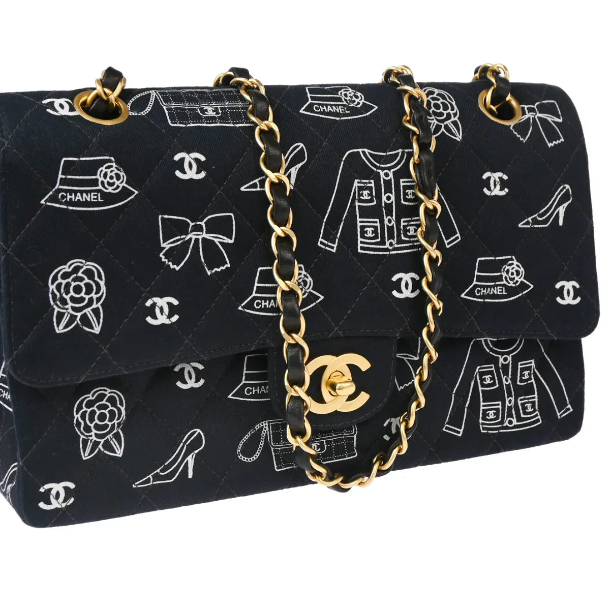 Chanel 2001-2003 Navy Canvas Icon Medium Classic Double Flap Shoulder Bag - Image 3